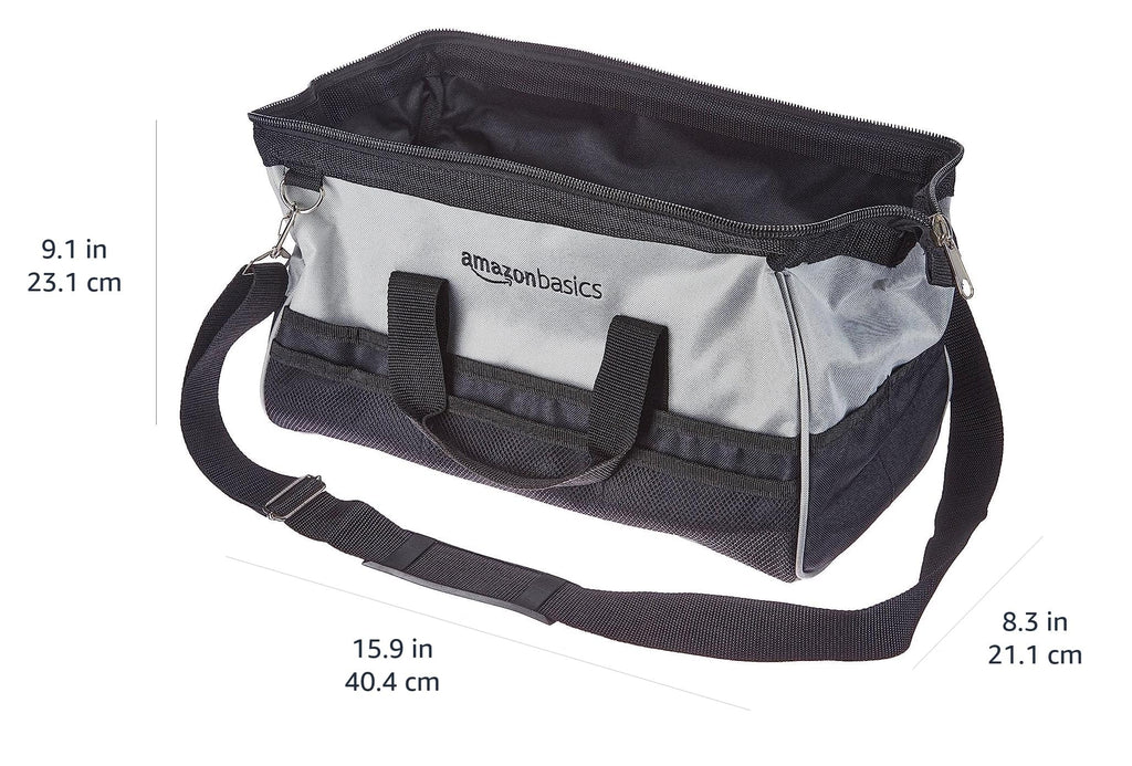 Amazon Basics Durable Wear-Resistant Tool Storage Bag with Adjustable Shoulder Strap, Portable Tool Organizer, 16 Pockets, 12 in, Black & Gray