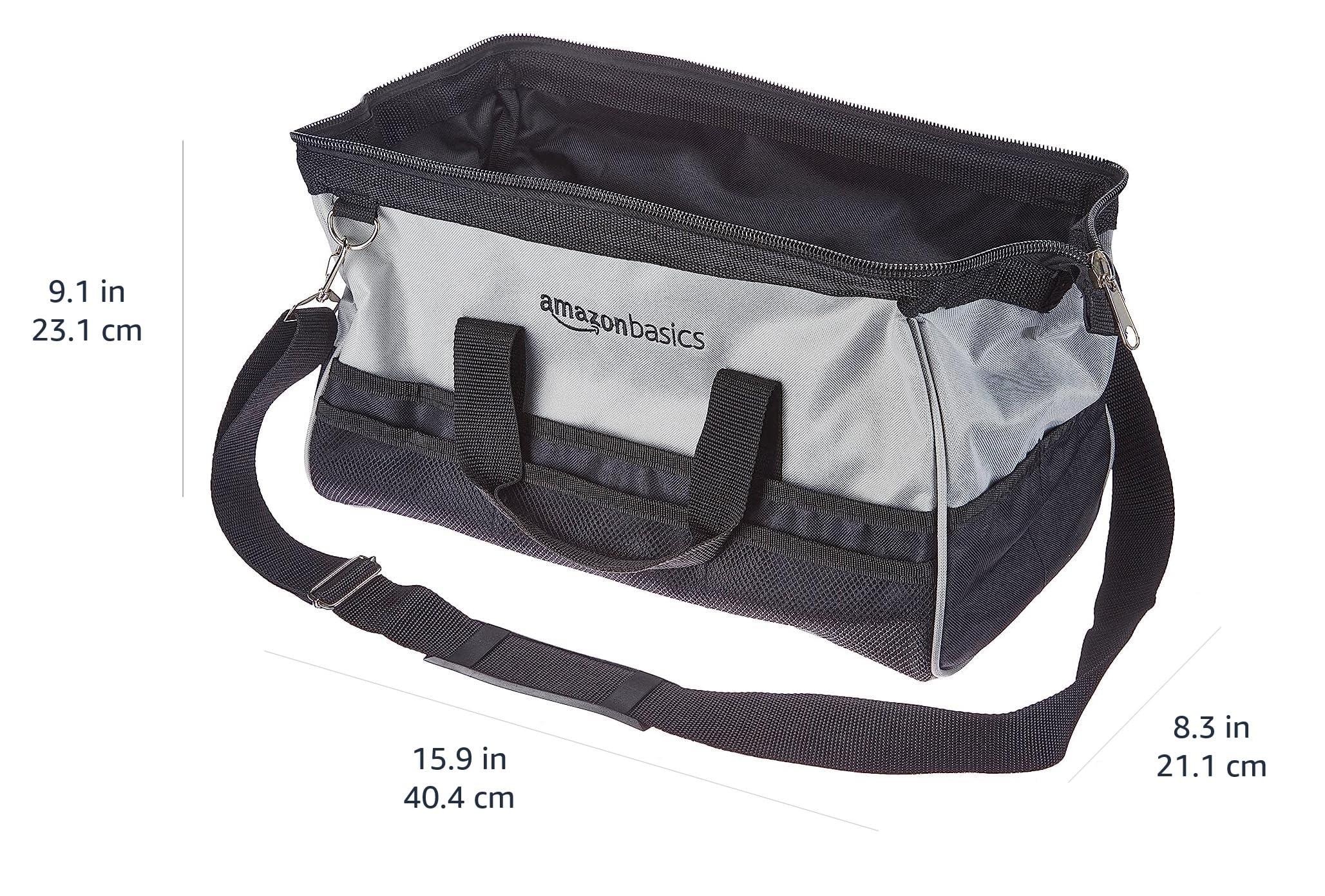 Amazon Basics Durable Wear-Resistant Tool Storage Bag with Adjustable Shoulder Strap, Portable Tool Organizer, 16 Pockets, 12 in, Black & Gray