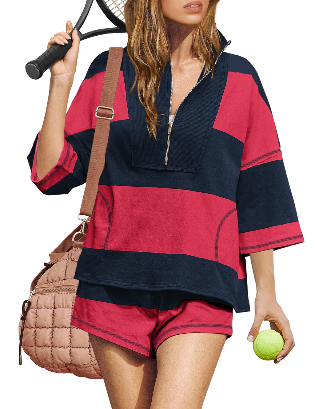 ReachMe Womens Workout Striped Short Sets 2 Piece Outfits Summer Matching Lounge Sets Top and Shorts with Pockets