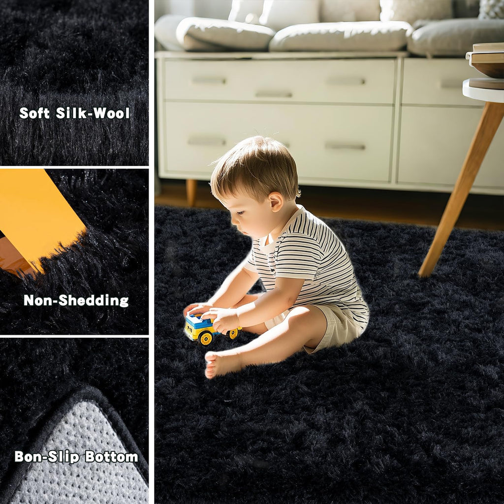 Beige Fluffy Rug for Bedroom 4x6ft - Ultra Soft & Non Slip Shaggy Area Rug, Comfy Durable Carpet for Living Room Kids Room Teens Dorm Home Decor, 1.7'' Thick Indoor Plush Carpets
