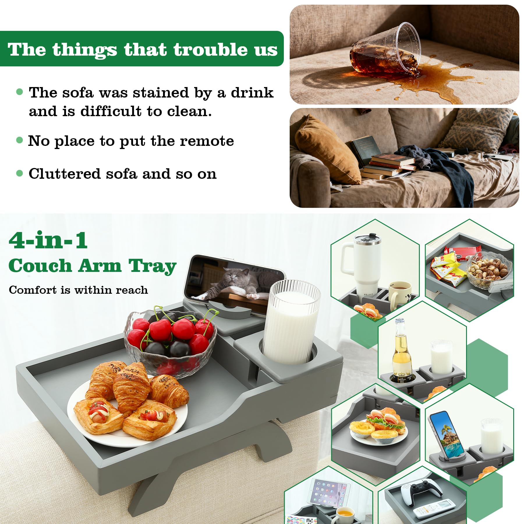 GHKINMAL Couch Cup Holder Tray, 15.4"x9.9" Large 4 in 1 Couch Arm Tray with 360°Rotated Phone Holder, Non-Slip Clip on Side Table for Drinks/Remote/Snacks, Ideal Gift for Husband, Wife, Parents