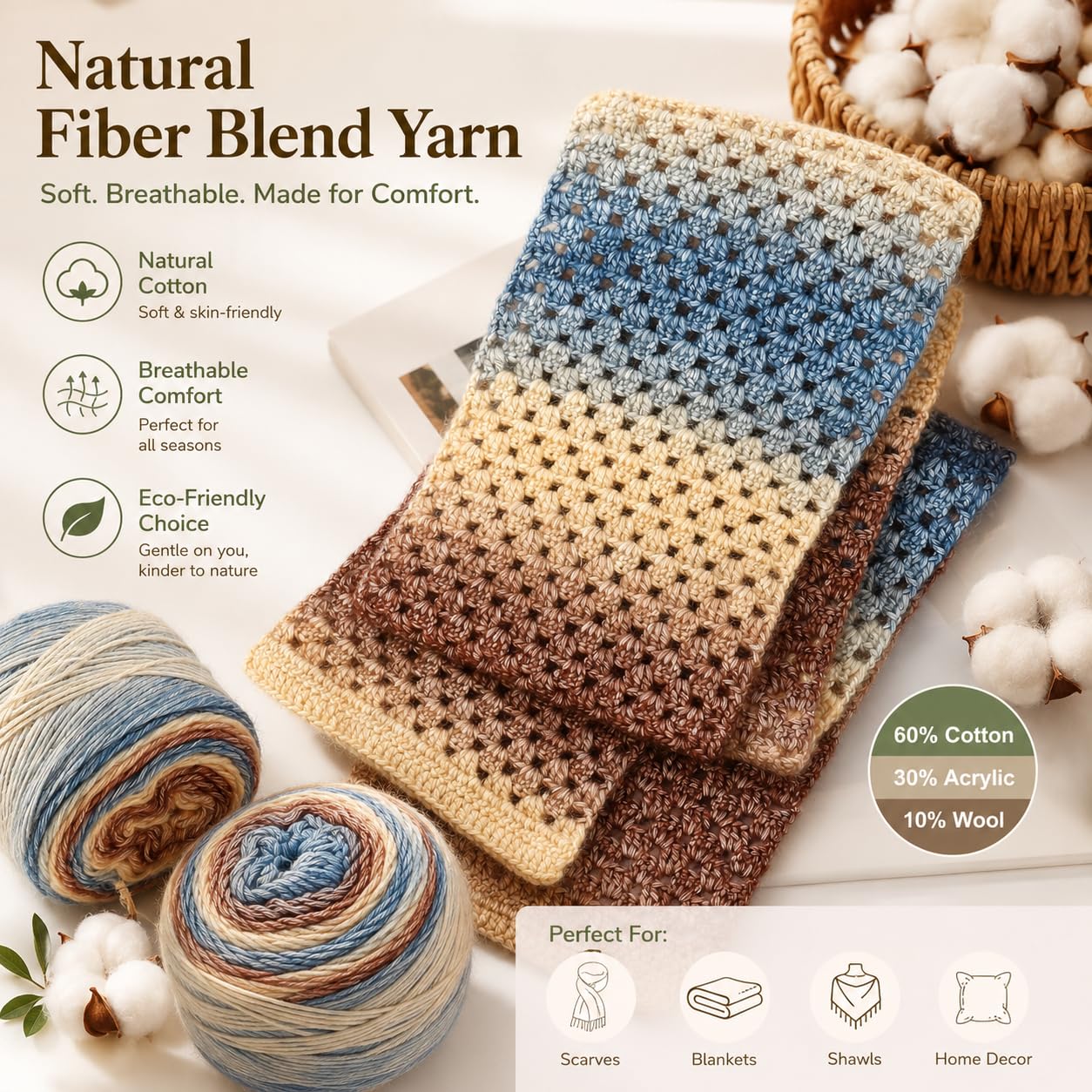 Katech Fairyland Yarn for Crocheting Knitting-Gradient Yarn Cake-4 Pack of 100g/3.52 oz-Soft DK Light Weight #3-60% Cotton 30% Acrylic 10% Wool-Perfect for Scarves, Shawls, Blankets and Garments(A)