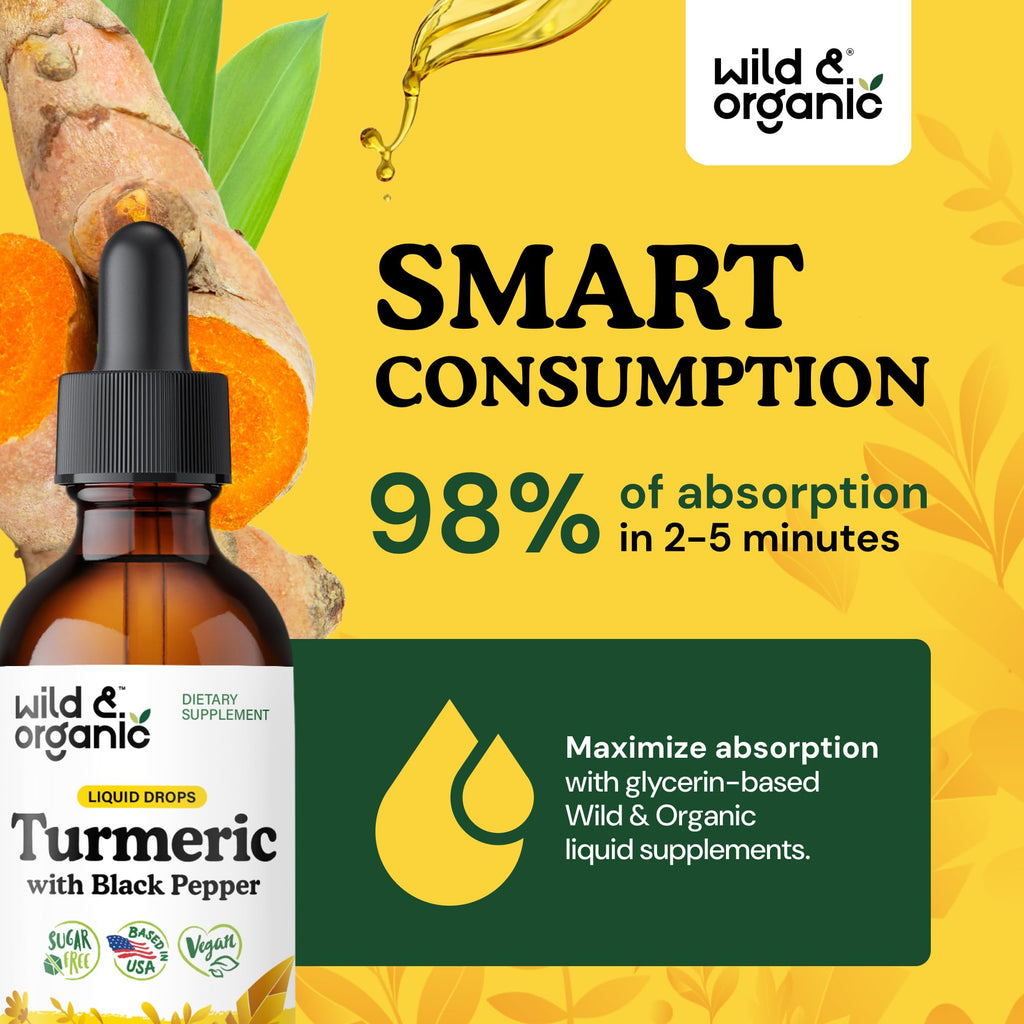 Wild & Organic Turmeric Curcumin Supplement with Black Pepper - Movement & Immune Support - Liquid Turmeric Curcumin with Black Pepper - Add to Tea Drops - Vegan, Sugar & Alcohol-Free Tincture - 2 oz