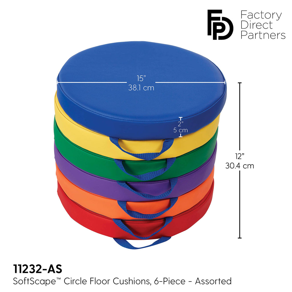 Factory Direct Partners SoftScape 15 inch Square Classroom Floor Cushions with Handles; Flexible Seating for Daycare, Preschool, Playroom; 2 inch Thick Deluxe Foam (6-Piece) - Assorted, 12228-AS