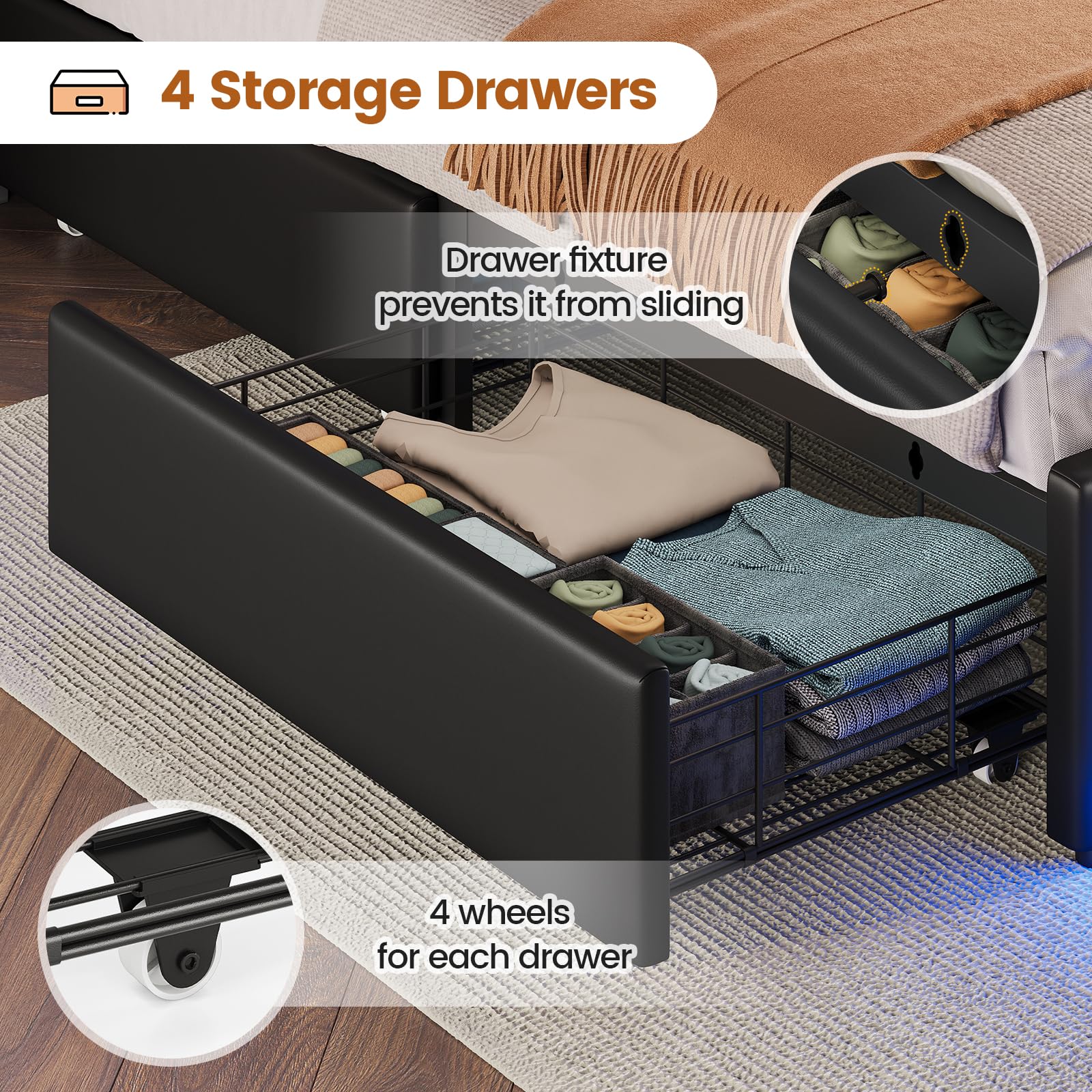 BTHFST Twin Bed Frames with Headboard & 4 Drawers, LED Bed Frame Twin with Charging Station, Upholstered and Metal Twin Bed with Storage, No Box Spring Needed, Black PU