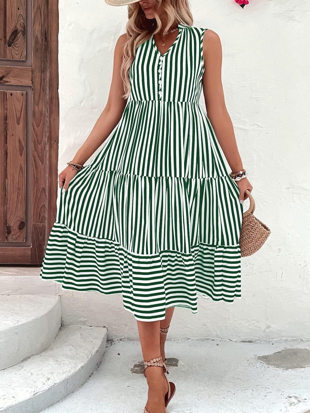 Floerns Women's Striped Print Notched Neck Sleeveless Ruffle A Line Midi Dress
