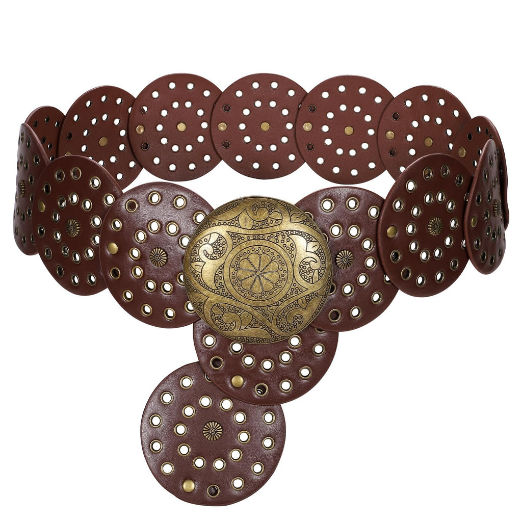 WERFORU Women Vintage Leather Belt Western Disc Waist Belts Ladies Western Belt Boho Belt for Dress Jean-
