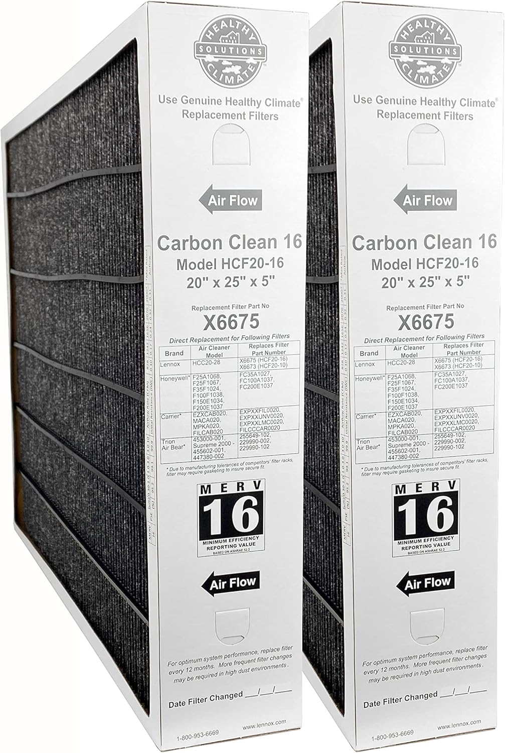 Lennox X6675 (2-Pack) Carbon Clean 20 x 25 x 5 Inch MERV 16 Efficient Air Filter Replacement for Healthy Climate Air Purifier Cleaner Purification Systems