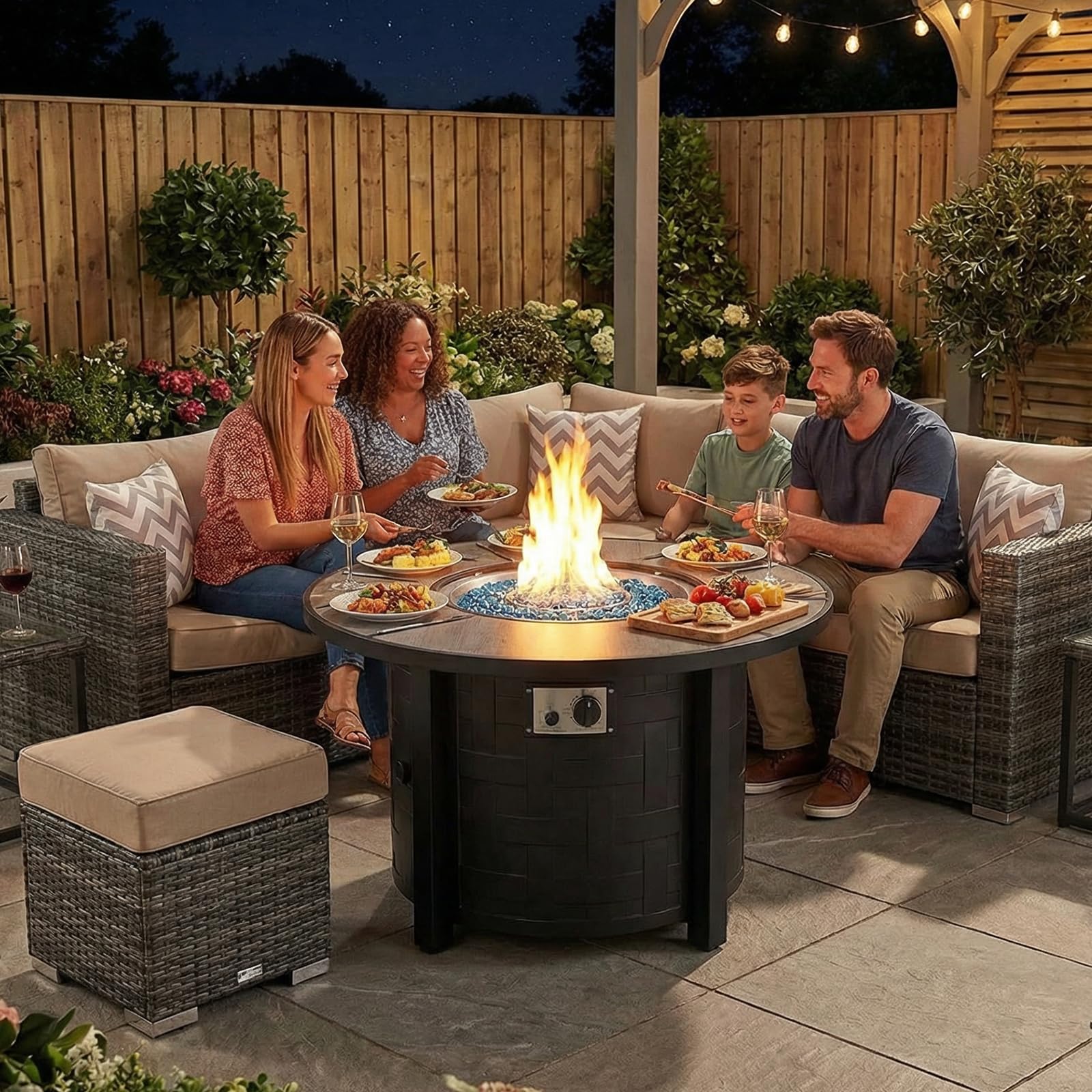 TLGREEN Propane Fire Pit Table 30 Inch Round – 50,000 BTU Outdoor Fire Pit with Lid, Converts to Patio Coffee Table, Certified, Includes Waterproof Cover & Blue Fire Glass(Grey)