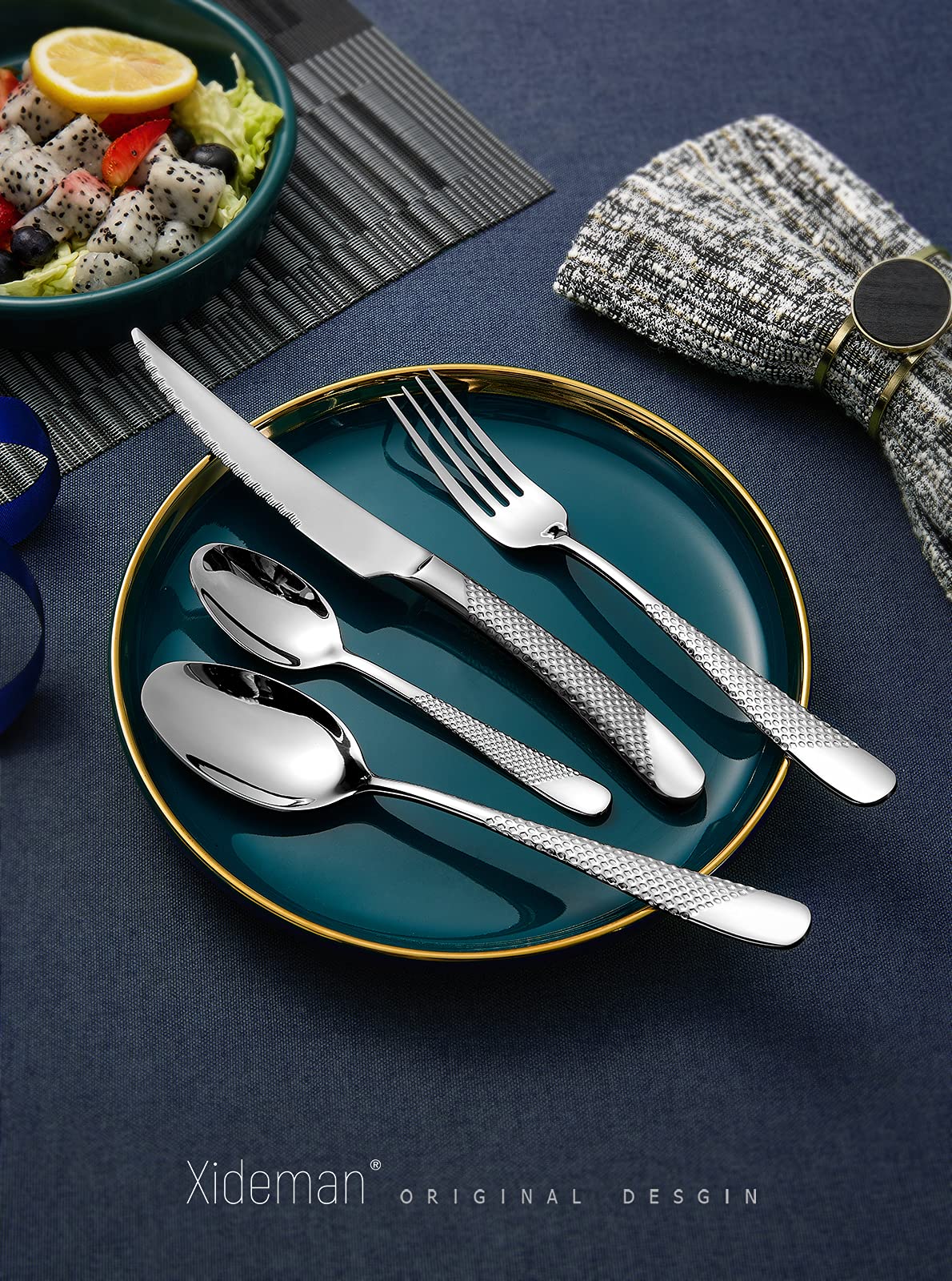 16-Piece Modern Black Hammered Silverware Set with Ultra Sharp 2-IN-1 Serrated Knives, 18/10 Stainless Steel Flatware Set, Titanium Plated Cutlery Set Service for 4, Dishwasher Safe