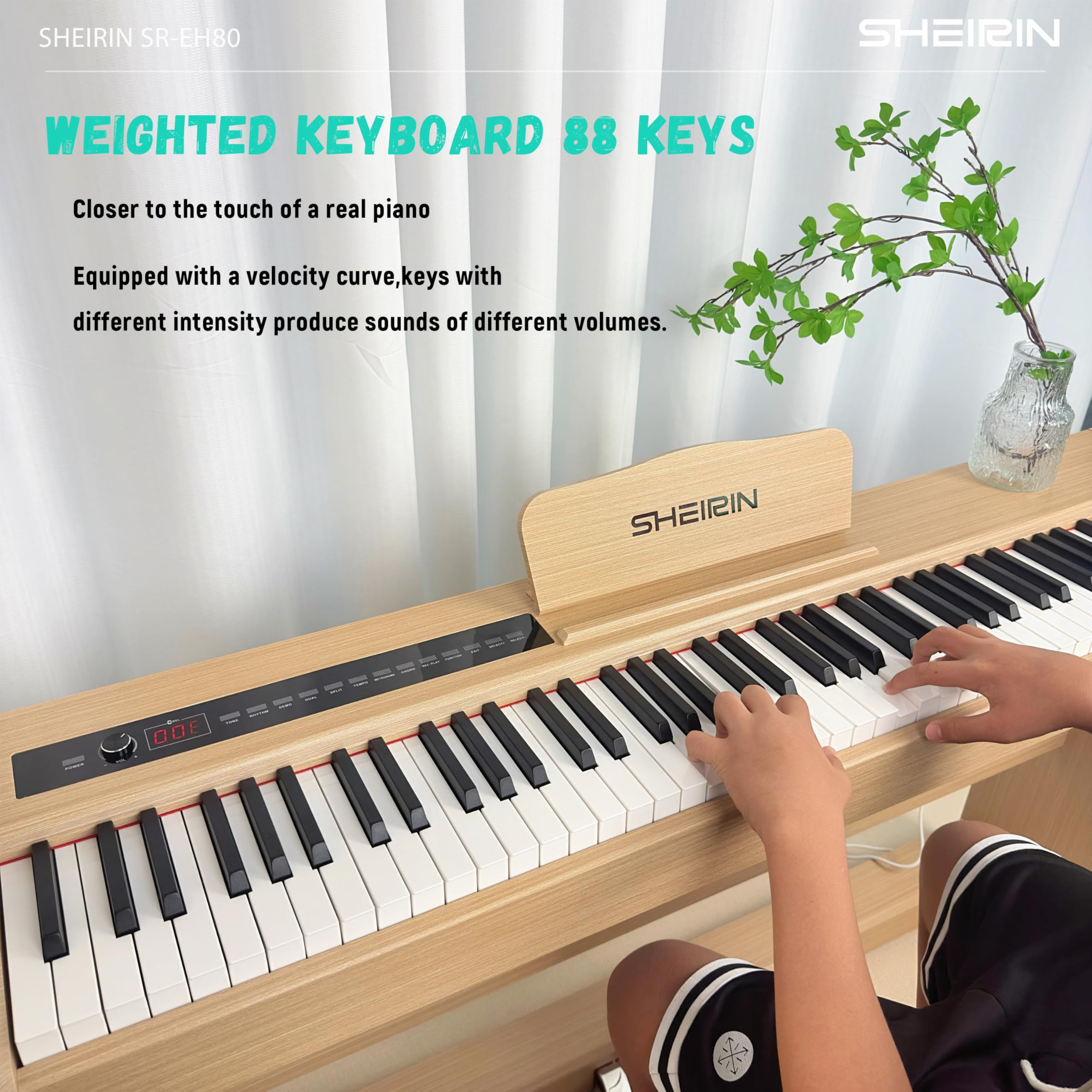 Digital Piano Hammer Action Keyboard 88 Keys Upright Acoustic Electric Weighted Piano Beginner MIDI Cover Full Size Sustain Pedal Stand Real Professional SR-FH80 (Beige Full Cover)