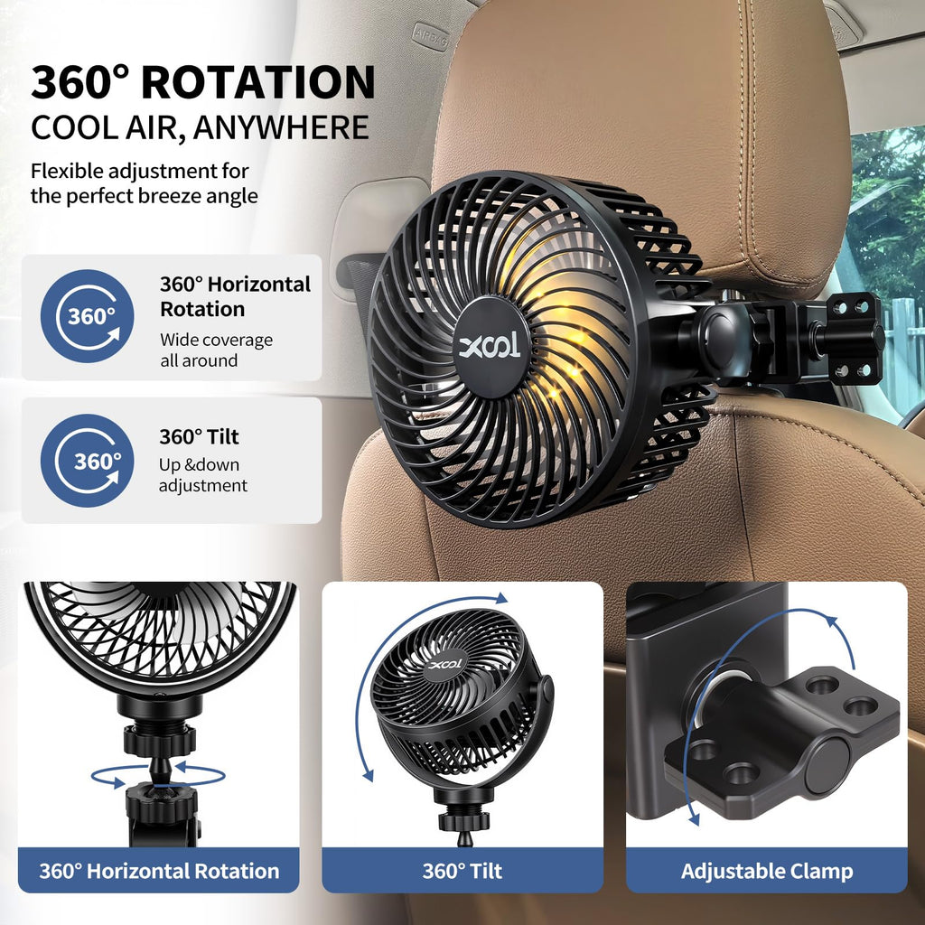 XOOL Clip Car Fan, 9 Inches 12V/24V Fan, 360° Rotatable Electric Cooling Clip on Fan with Stepless Speed Regulation for SUV, RV, Truck