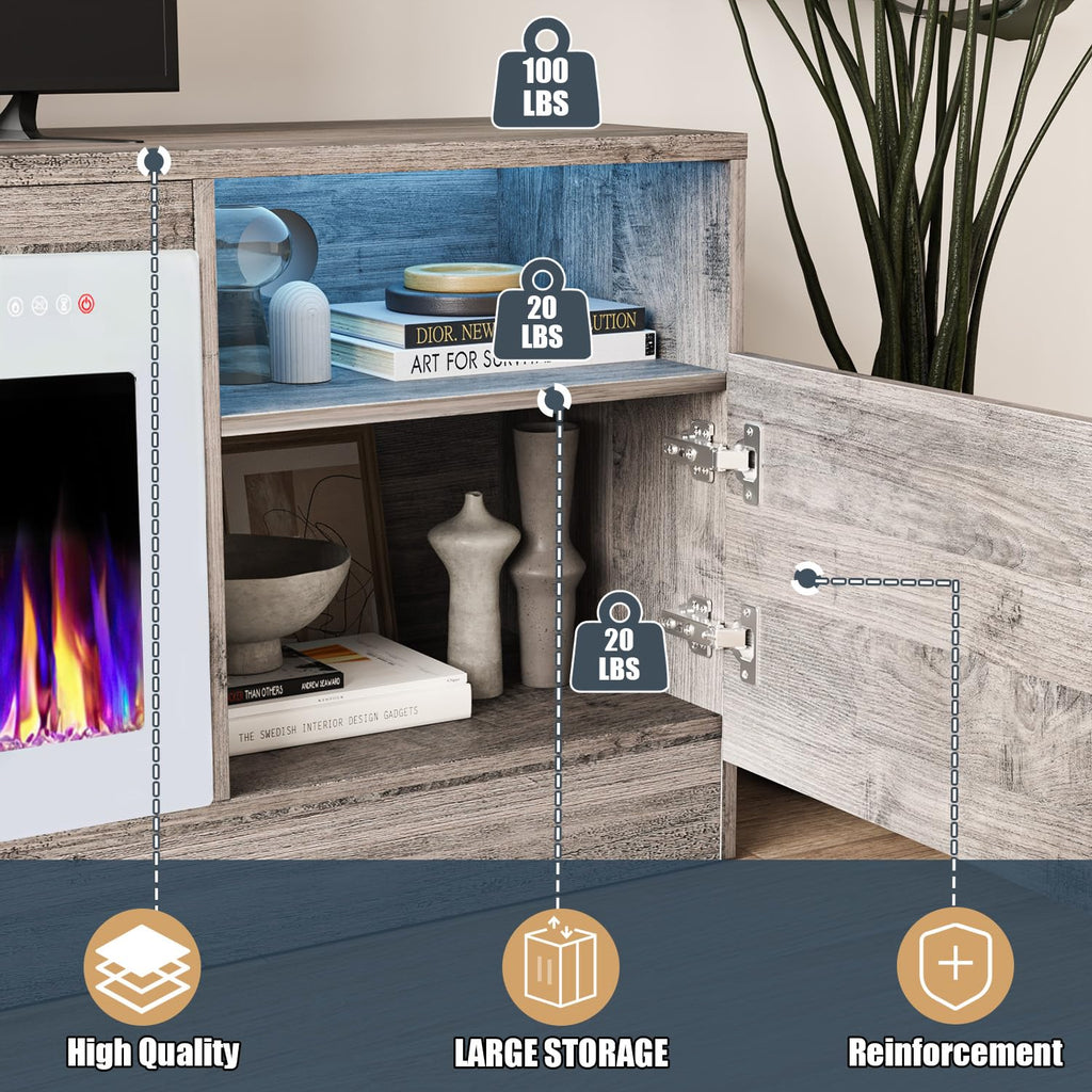 VITESSE 58 Inches Fireplace TV Stand for TVs up to 65 Inches Console with 18'' Electric Fireplace & Remote,Wooden Modern Entertainment Center for Living Room with LED Light Glass Shelves（Bei）