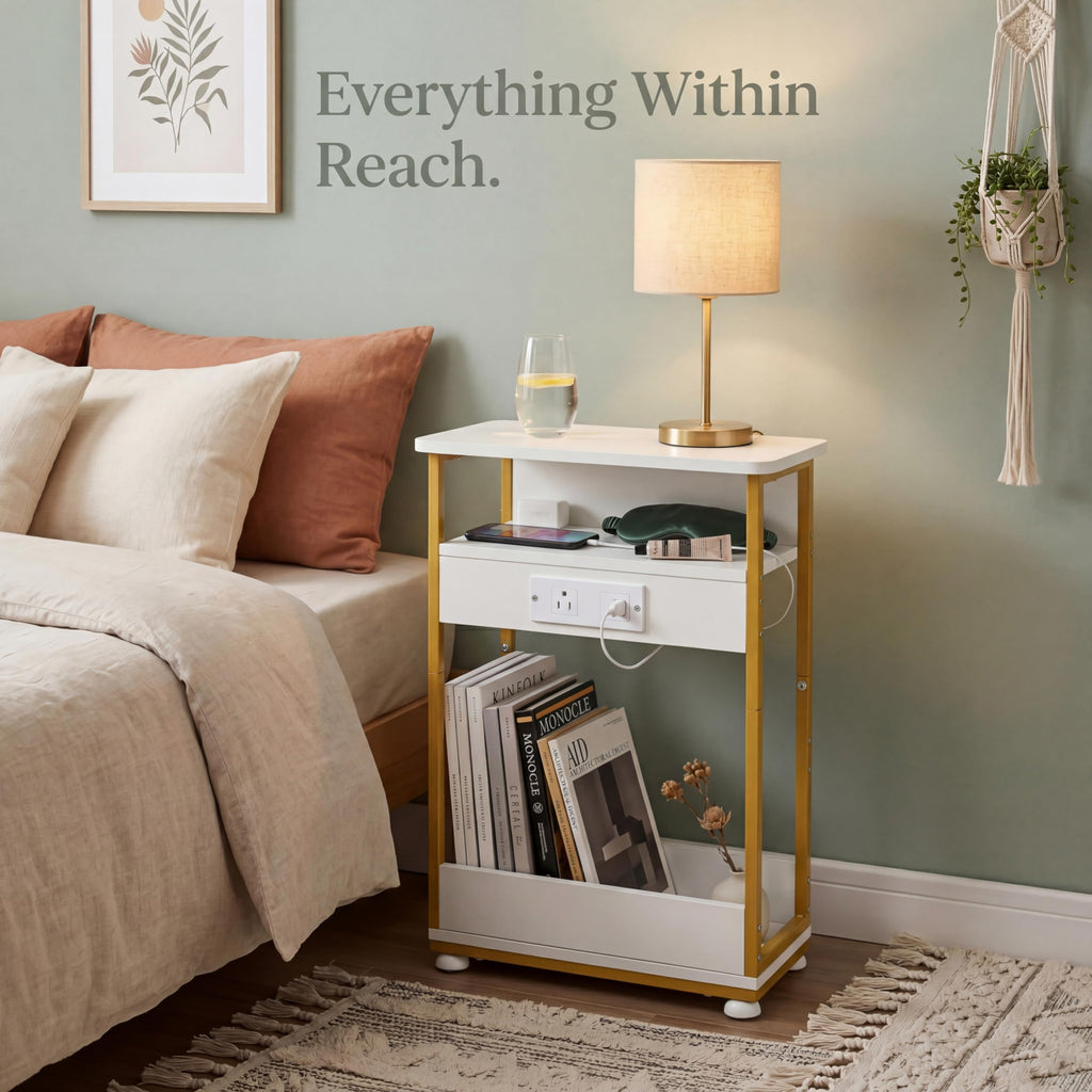 YEAKOO Narrow Side Table with Charging Station, 3-Tier End Table with 2 USB Ports & Power Outlets,Thin Sofa Side Table for Narrow and Small Spaces, Bedside Table Nightstand for Living Room,Black