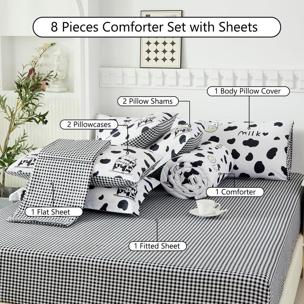 SUCSES Full Size Comforter Set with Sheets 8 Piece Cow Print Bedding Set for Boys Girls Black and White Kids Bed-in-A-Bag Farmhouse Rustic Bed Set for Bedroom (Milk Cow, Full)