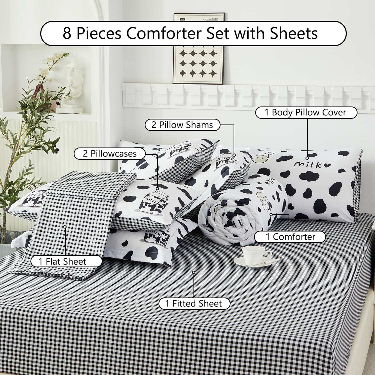 SUCSES Full Size Comforter Set with Sheets 8 Piece Cow Print Bedding Set for Boys Girls Black and White Kids Bed-in-A-Bag Farmhouse Rustic Bed Set for Bedroom (Milk Cow, Full)