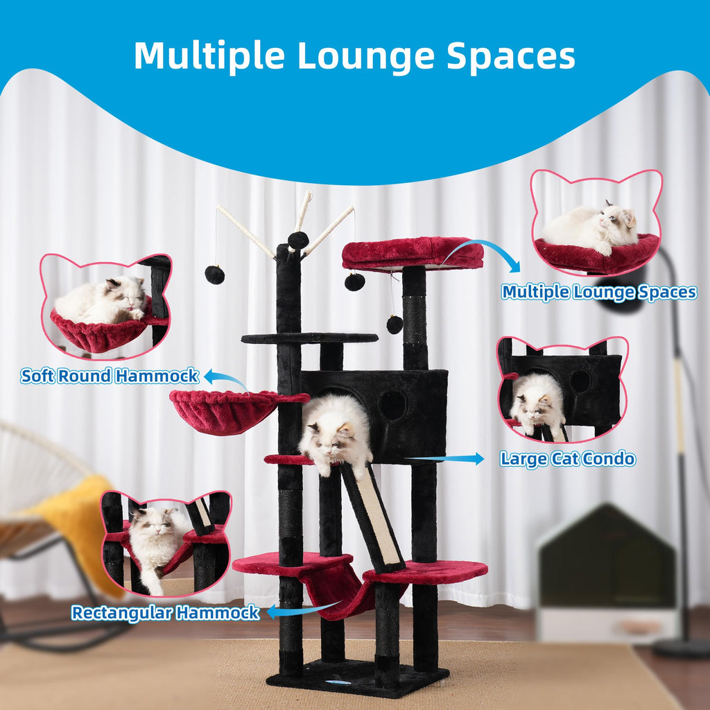 Hey-brother Cat Tree, 53 inch Cat Tower for Indoor Cats, Cat House with Padded Platform Bed, Toy Balls, Large Cozy Condo, Hammocks and Sisal Scratching Posts, Beige MPJ019-SM