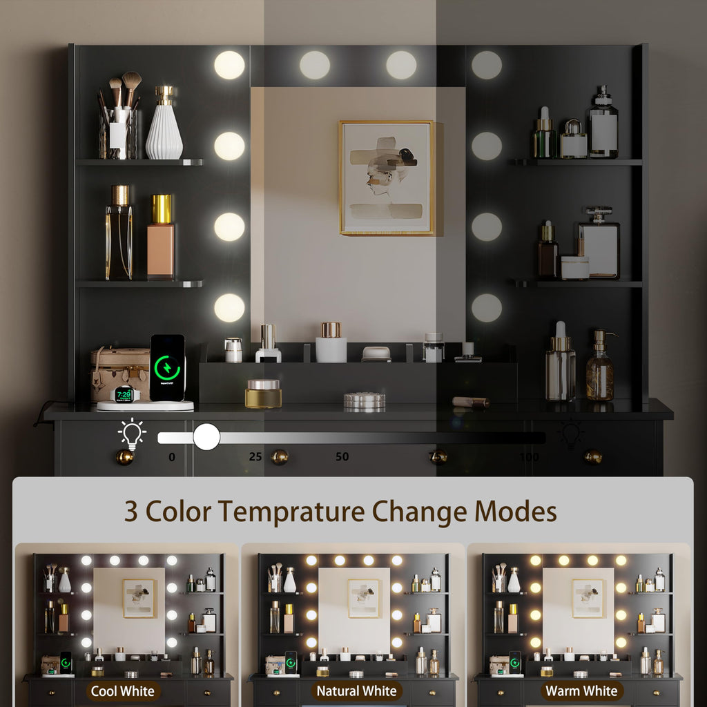 HUANLEGO Vanity Desk with Mirror and Lights, Makeup Vanity with Mirror and LED Lights & Power Outlet, 3 Drawers and Cabinets, 3 Lighting Modes Dressing Table Set for Girls Women Bedroom,Oak