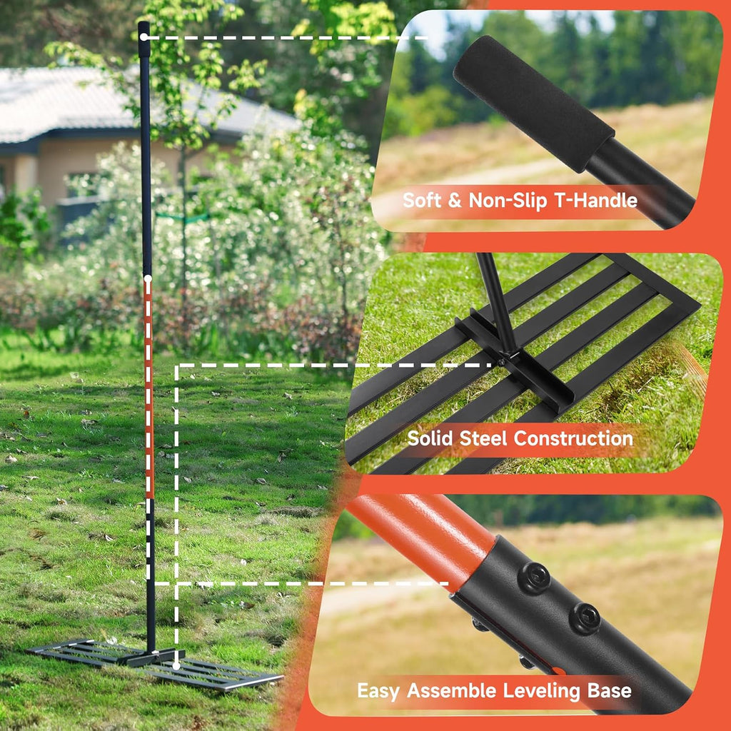 Lawn Leveling Rake, 30''x10'' Leveling Rake, 78 inch Handle Length, Stainless Steel, Adjustable Handle for Backyard, Garden, Golf Course, Farm ＆ Pasture, Professional Lawn Care Tool