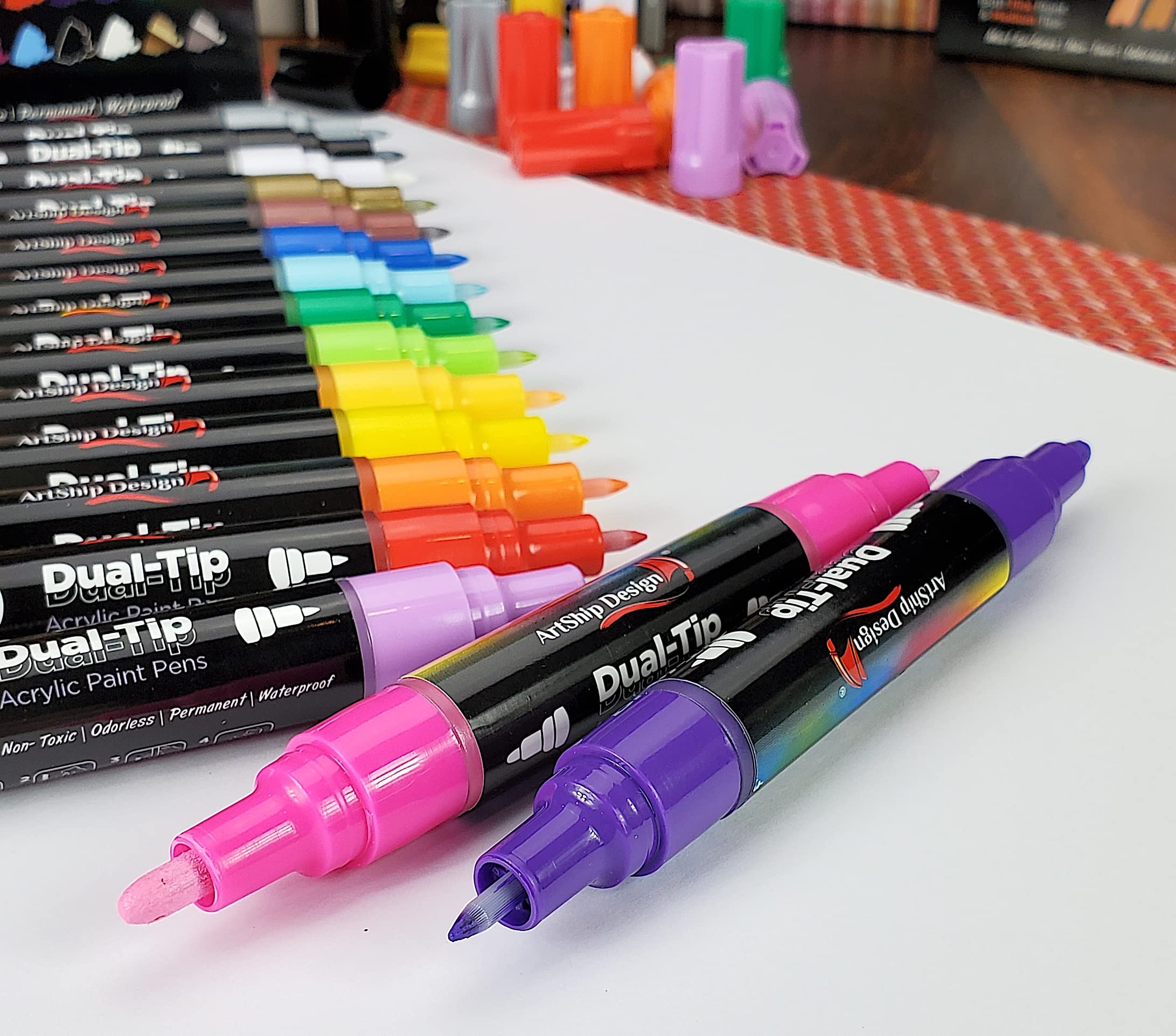 ArtShip Design 10 Black Acrylic Paint Pens, Double Pack of Both Extra Fine and Medium Tip Paint Markers, for Rock Painting, Mug, Ceramic, Glass, and Fabric Painting, Water Based Non-Toxic and No Odor