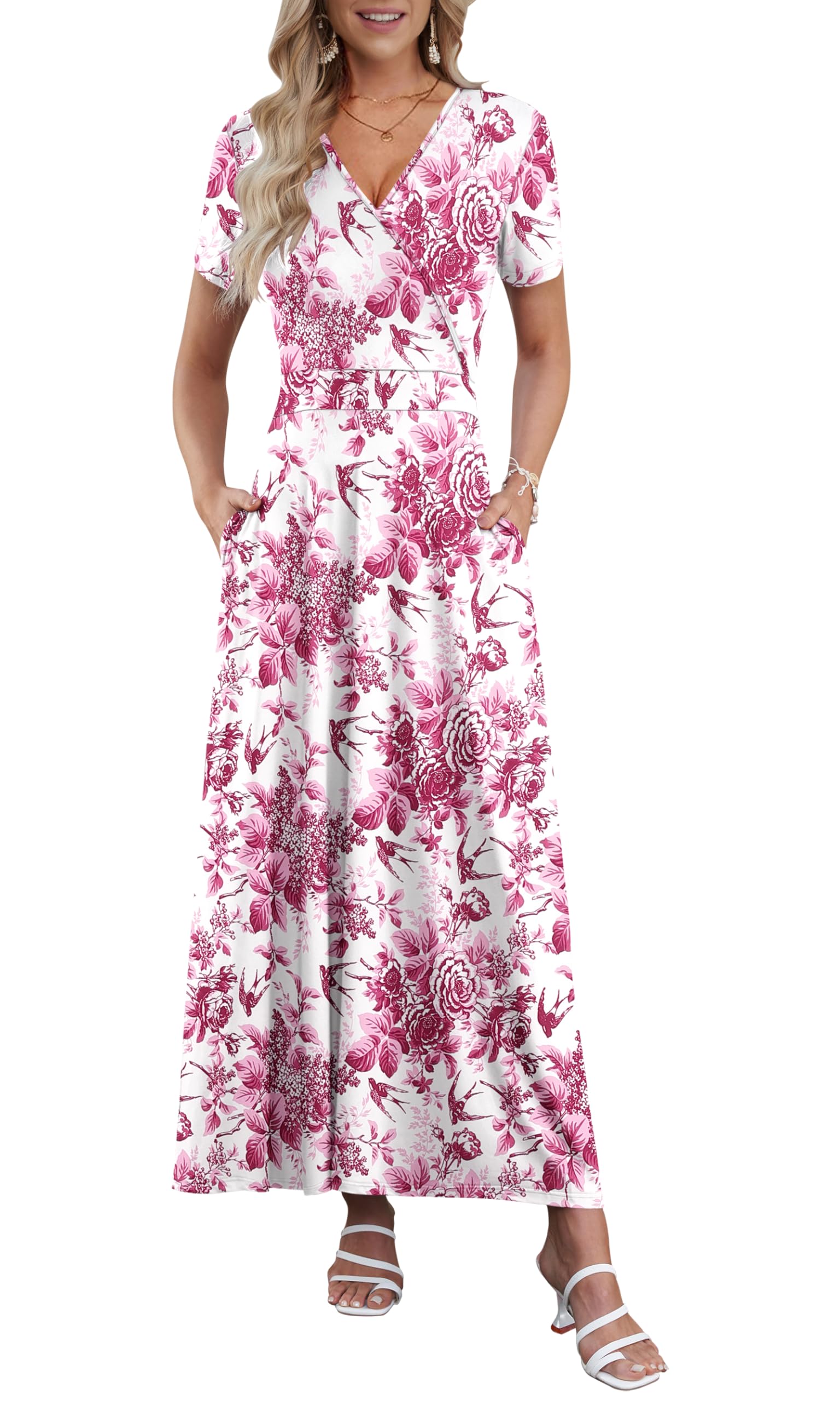 AUSELILY Maxi Dresses for Women Ankle Length Floral Print Beach Long Flowy Dress with Pockets