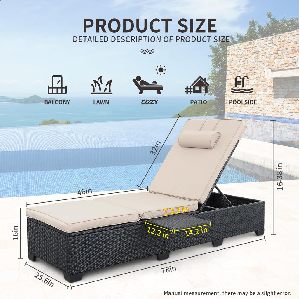 WAROOM Outdoor Chaise Lounge Chairs for Outside Patio Furniture Set of 2 Wicker Recliner Black Rattan Sunbathing Lounger Adjustable Backrest Pool Reclining Chair, Navy Blue Cushion