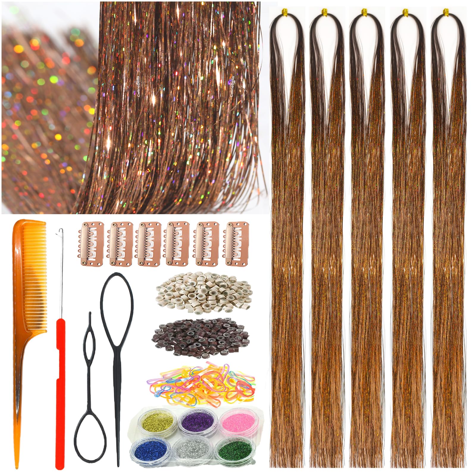 Celinebella Bubblegum Pink Hair Tinsel, 48" 1250 Strands Bright Shimmer | Vibrant hot pink bubblegum tone, youthful energetic, heat resistant, great for prom concerts birthday parties events