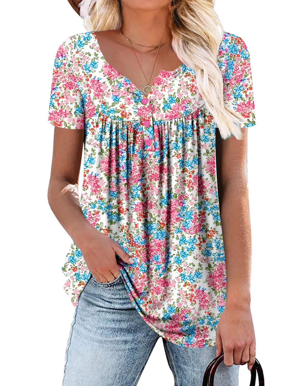 Mystry Zone Womens Henley V Neck Casual Blouse Button Down T Shirts Flare and Flowy Tops