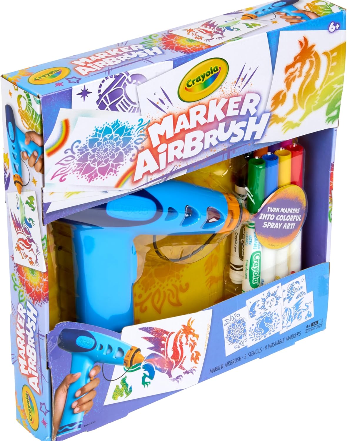 Crayola Marker Airbrush Spray Art Kit, Battery-Powered Sprayer with 8 Washable Markers & 5 Stencils, DIY Craft Set, Ages 6+