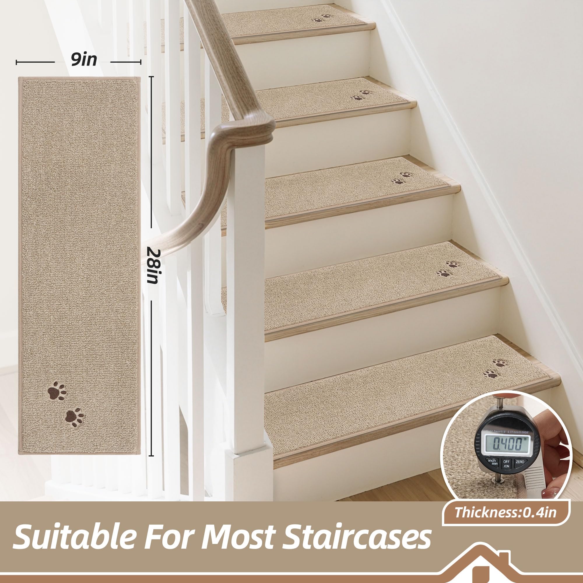 BEQHAUSE Stair Treads for Wooden Steps 28inX9in, Non Slip Carpet Stair Treads Indoor Stair Runners Machine Washable, Soft Stair Rugs Mat Surface Polyester TPE Backing, 4pcs, Beige