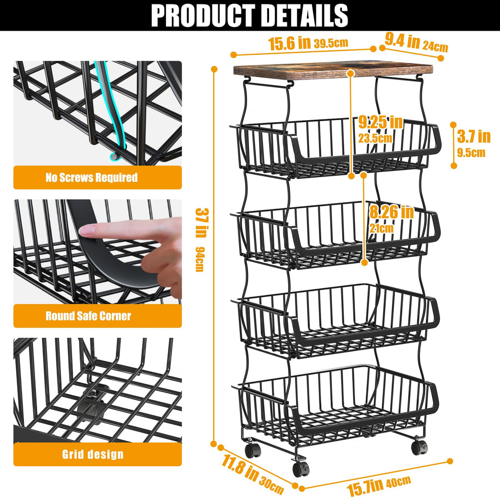 Gsiekare Fruit Vegetable Basket for Kitchen, 4 Tier Stackable Fruit Vegetable Storage Baskets with Wheels, Metal Wire Storage Basket Organizer Baskets for Kitchen, Pantry, Bathroom