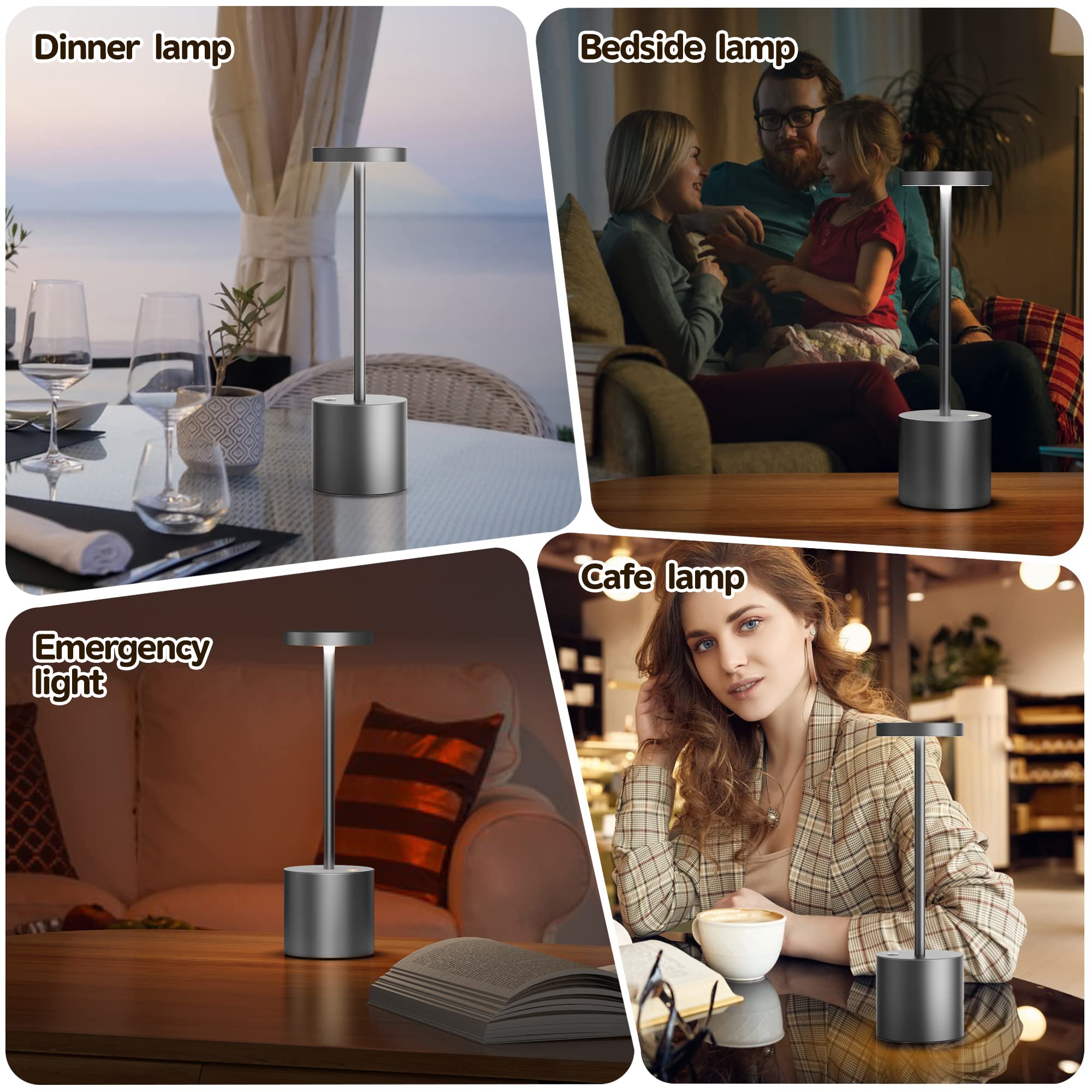 2Pack Cordless Table Lamp, Rechargeable LED Battery 5000mAh Metal USB Portable Powered Desk Lamp, 3 Levels Brightness Light for Restaurants Outdoor (2pack 10.25in Titanium)