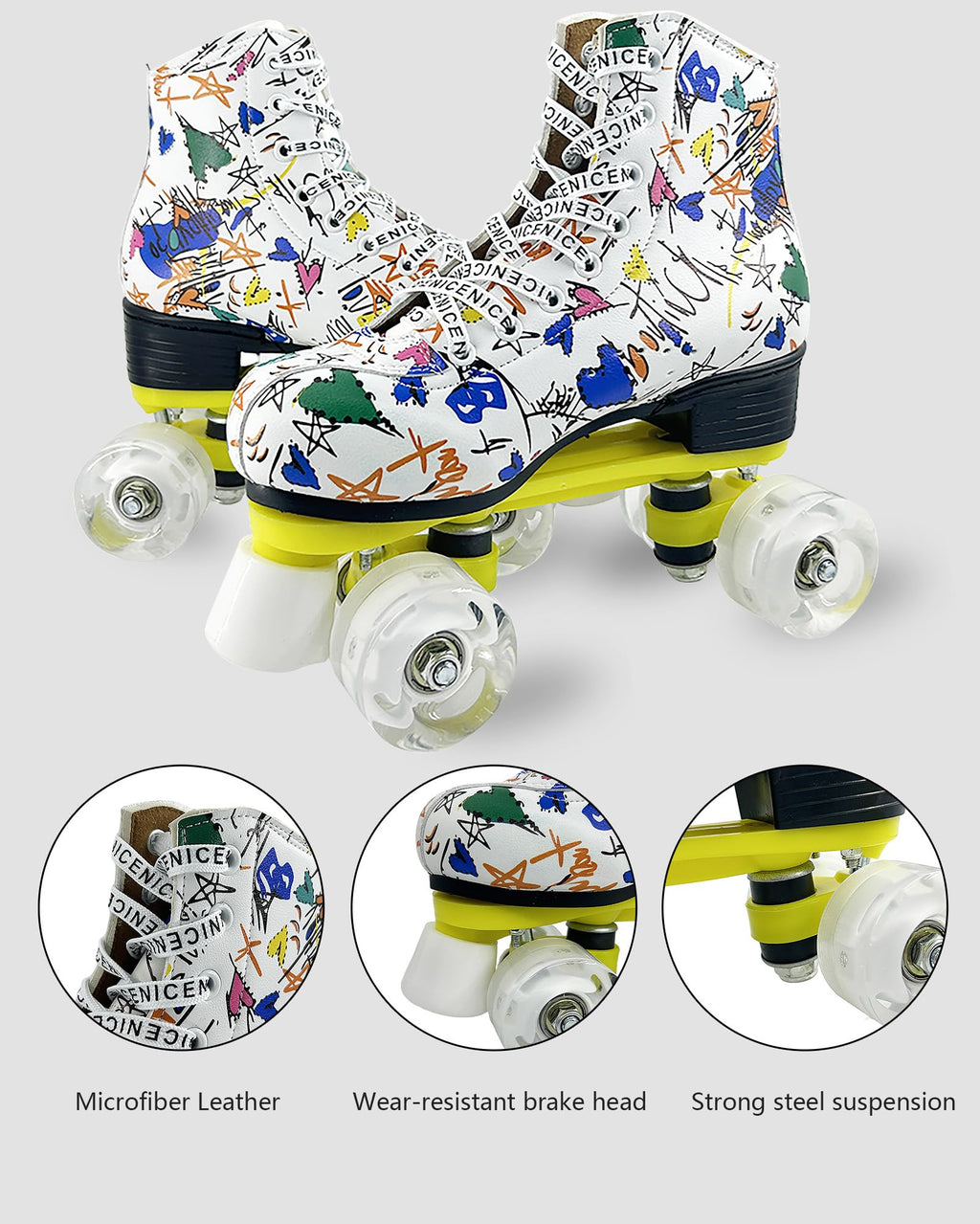 Roller Skates for Men and Women, Black Derby Roller Skates with 4 Shiny Wheel, Classic Double-Row Roller Skates for Indoor and Outdoor