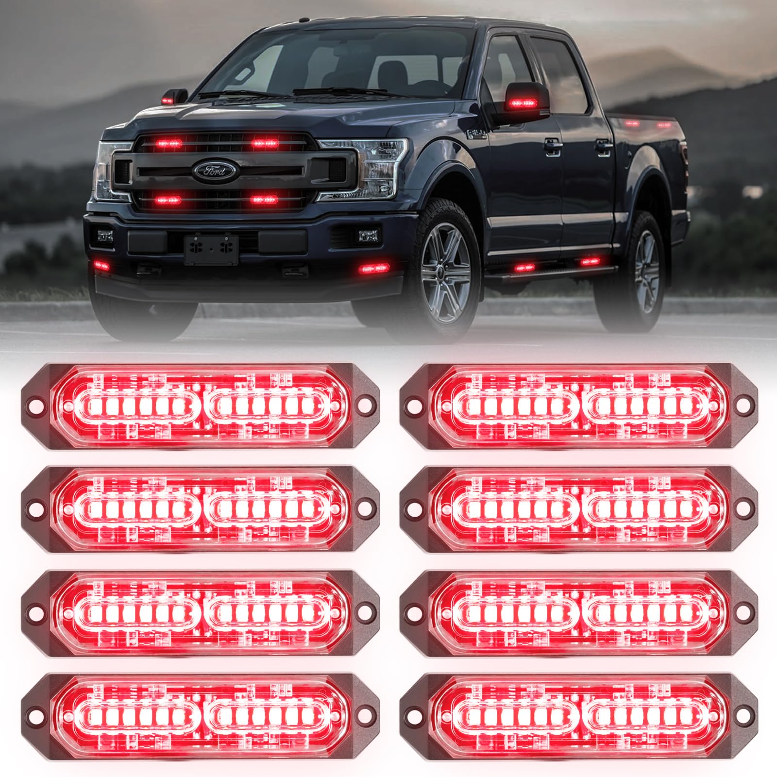 8-Pcs 12 LED Sync Feature Emergency Strobe Grille Lights Ultra Slim Surface Mount Hazard Warning Flashing Light Bar for Firefighter/Construction/Police/Trucks/Vehicles/Car/SUV (Amber/White)