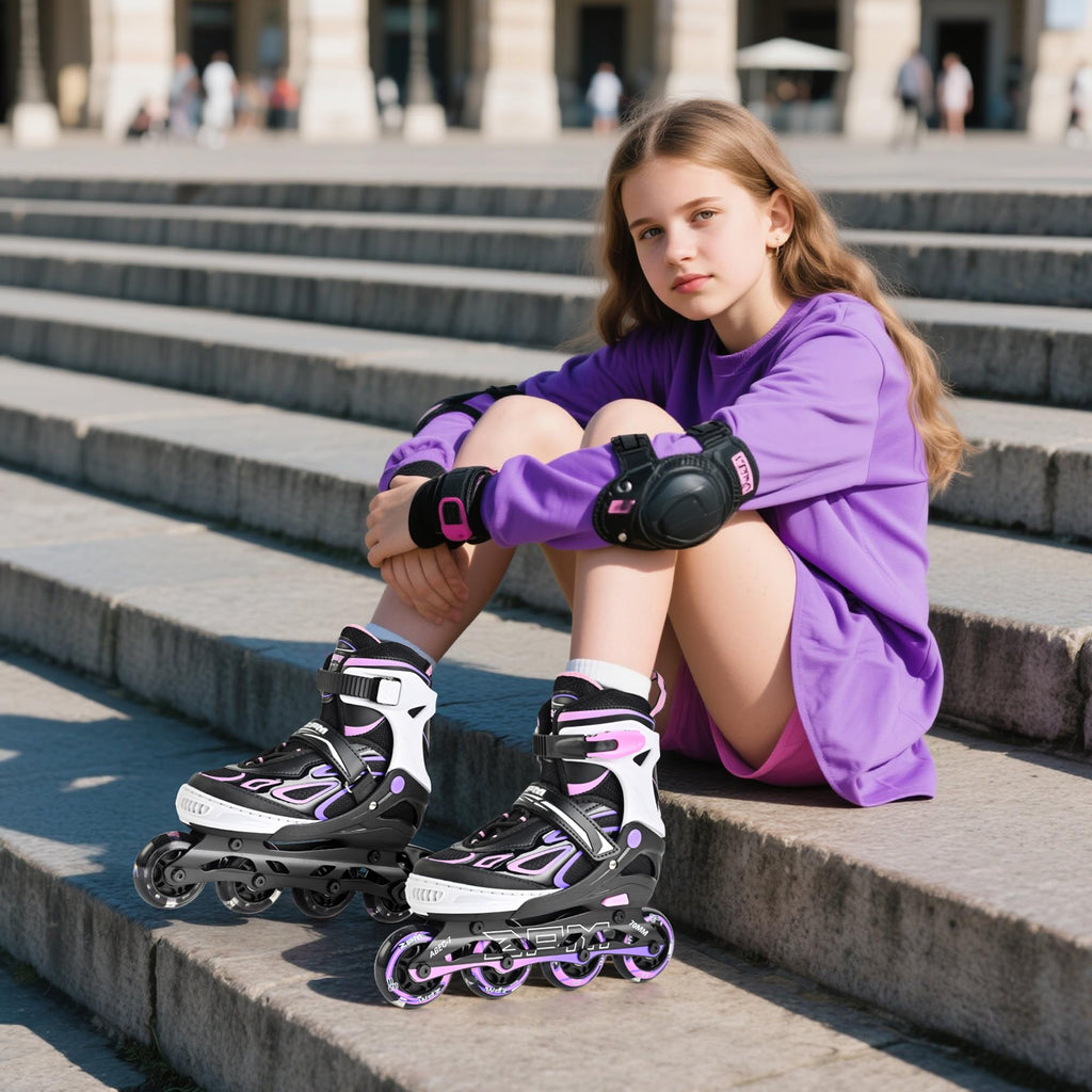 2PM SPORTS Vinal Girls Adjustable Flashing Inline Skates, All Wheels Light Up, Fun Illuminating Skates for Kids Men Adult Women and Boys