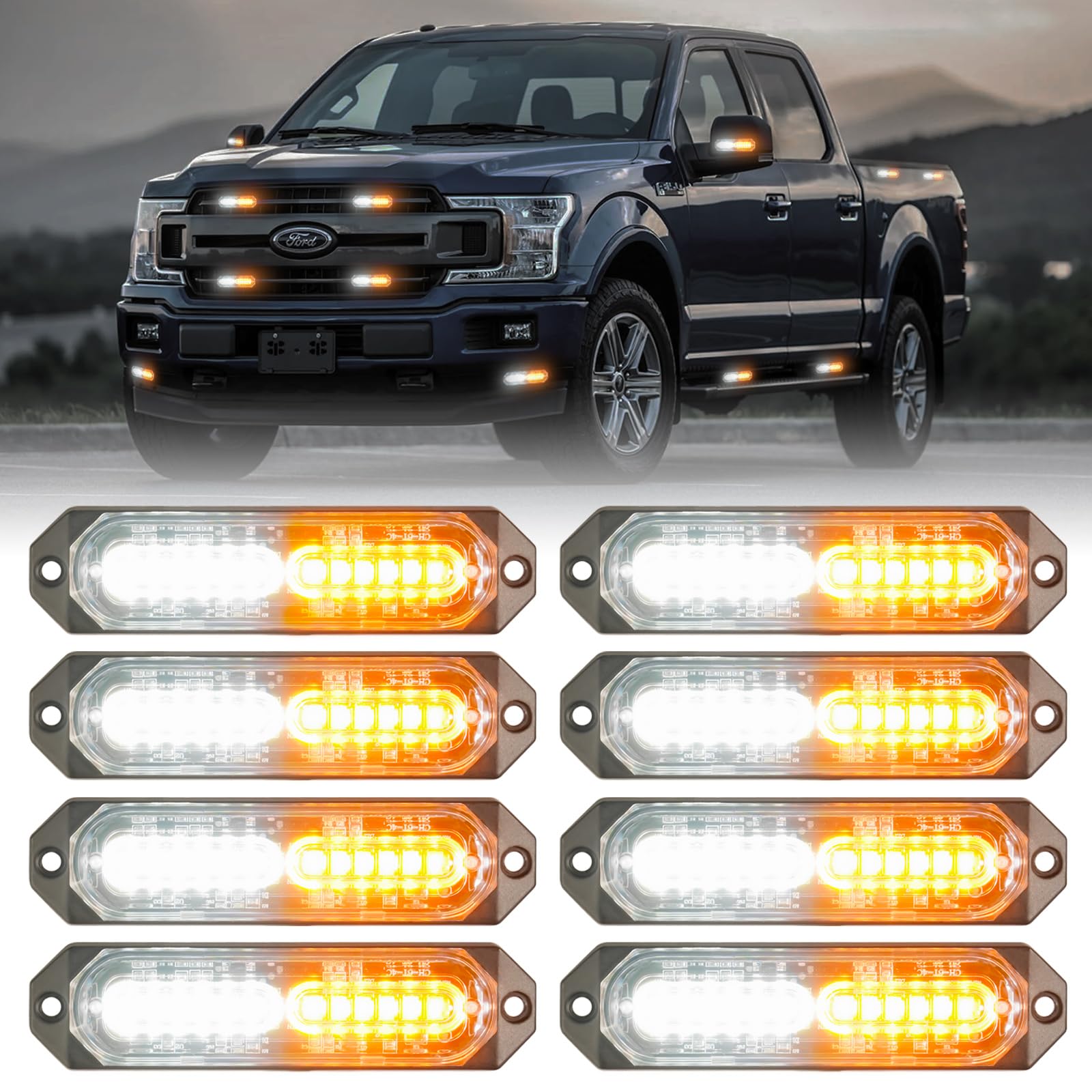 8-Pcs 12 LED Sync Feature Emergency Strobe Grille Lights Ultra Slim Surface Mount Hazard Warning Flashing Light Bar for Firefighter/Construction/Police/Trucks/Vehicles/Car/SUV (Amber/White)