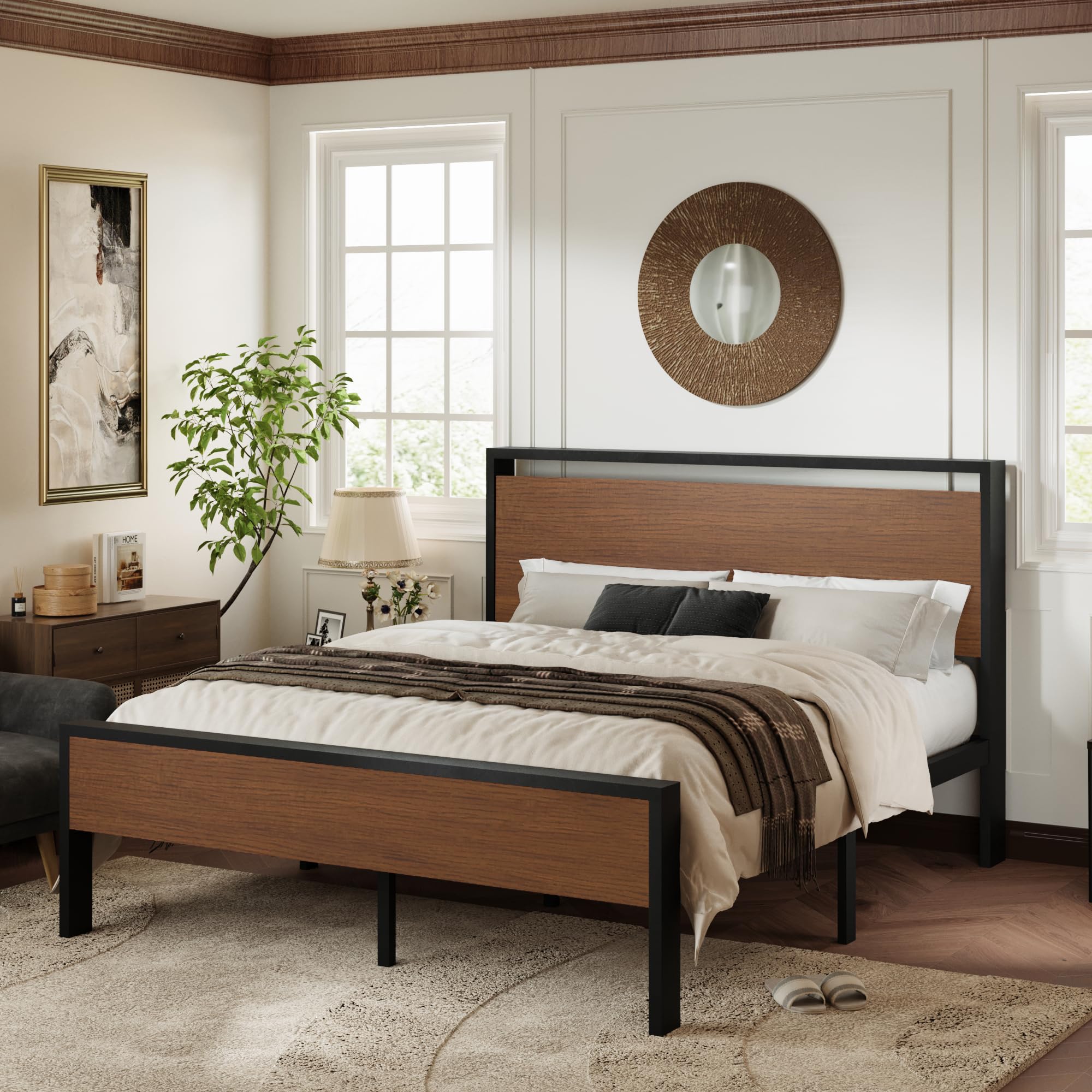 Allewie Twin Size Platform Bed Frame with Wooden Headboard and Footboard, Heavy Duty Metal Slats Support, No Box Spring Needed, Under-Bed Storage, Noise Free, Easy Assembly, Black Oak