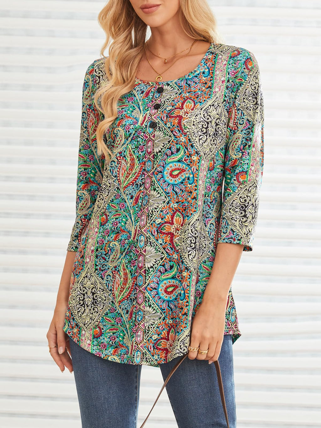 BAISHENGGT Womens Tops 3/4 Sleeve Round Neck Casual Tunic Tops Fall Fashion 2025 Dressy Casual Blouses