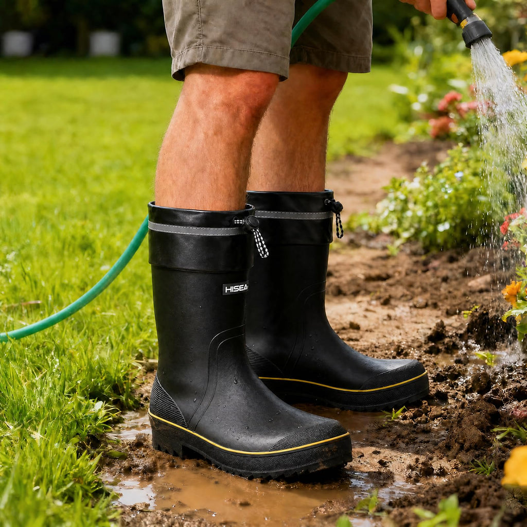 HISEA Men's Rain Boots Waterproof PVC Rubber Mud Boots, Lightweight Comfort Mid-Calf Work Boots, Garden Shoes for Fishing, Farming, Walking Dogs