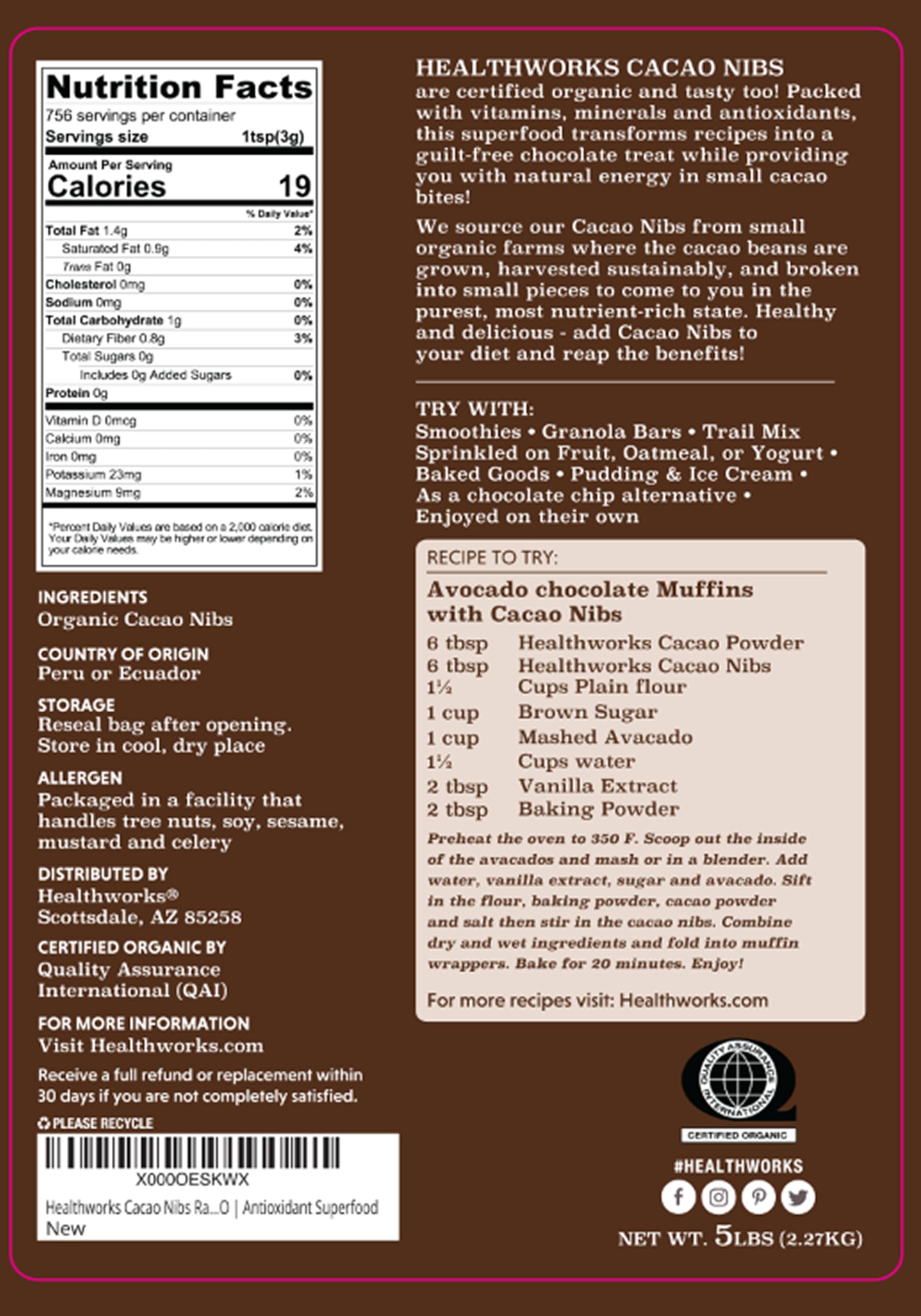 Healthworks Superfoods Cacao Nibs Organic - 16 Oz / 1 Lb - Criollo Bean - Raw Unsweetened Chocolate Substitute - Certified Organic - Keto, Vegan & Non-GMO - Antioxidant