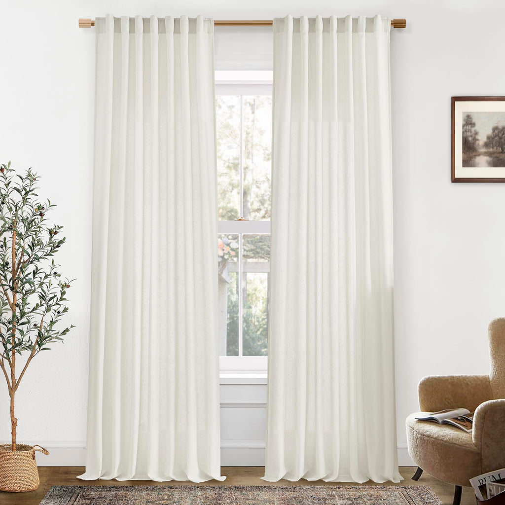 Black Linen Cotton Blend Sheer Curtains, Moody Light Filtering Drapes for Dark Academia Inspired Study Bedroom Living Room, 84 Inch Long 2 Panels Set