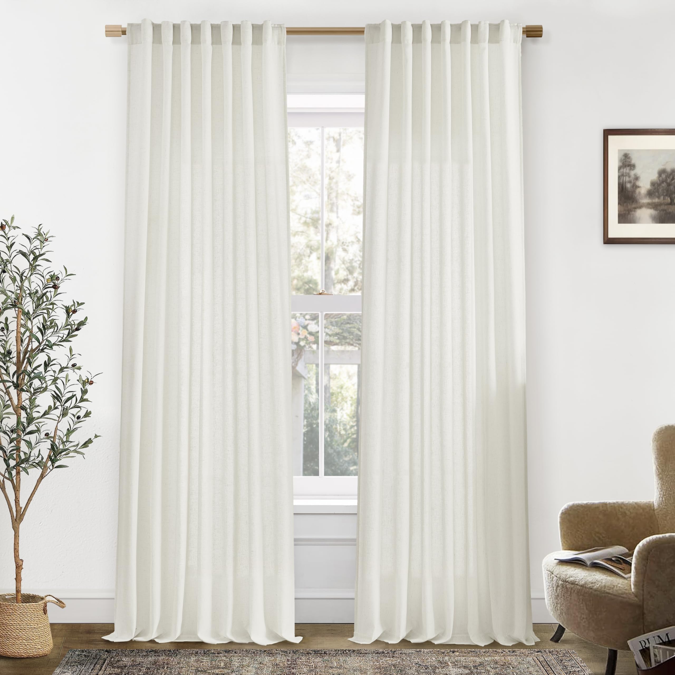 Black Linen Cotton Blend Sheer Curtains, Moody Light Filtering Drapes for Dark Academia Inspired Study Bedroom Living Room, 84 Inch Long 2 Panels Set