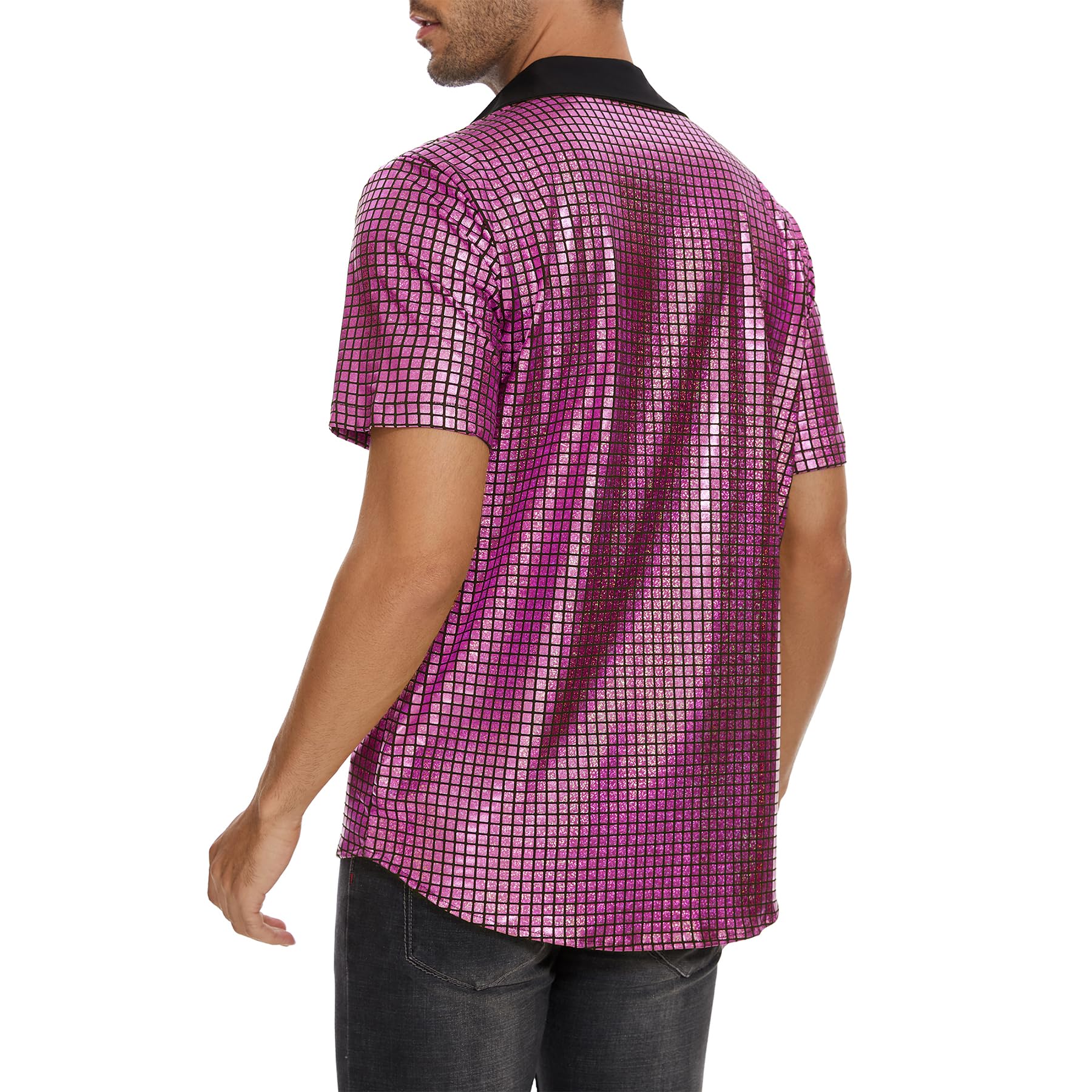 Zando Men's Sequin 70s 80s Disco Shirt - Retro Short Sleeve Button Up Costume Halloween New Year Party Outfit Top & Clubwear