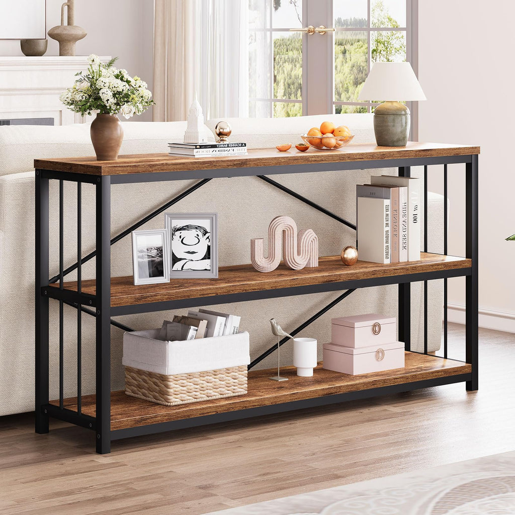 LVB Black Console Table, Modern Entryway Table for Hallway Living Room, Industrial Sofa Table Behind Couch, Farmhouse Wooden Metal Entry Table for Foyer with 3-Tier Storage Shelves, Black Oak, 55 Inch