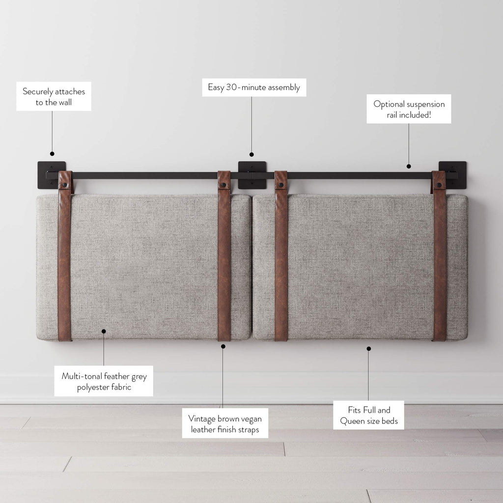 Nathan James Harlow Modern Wall Mount Hanging Headboard, Queen, Brown Faux Leather
