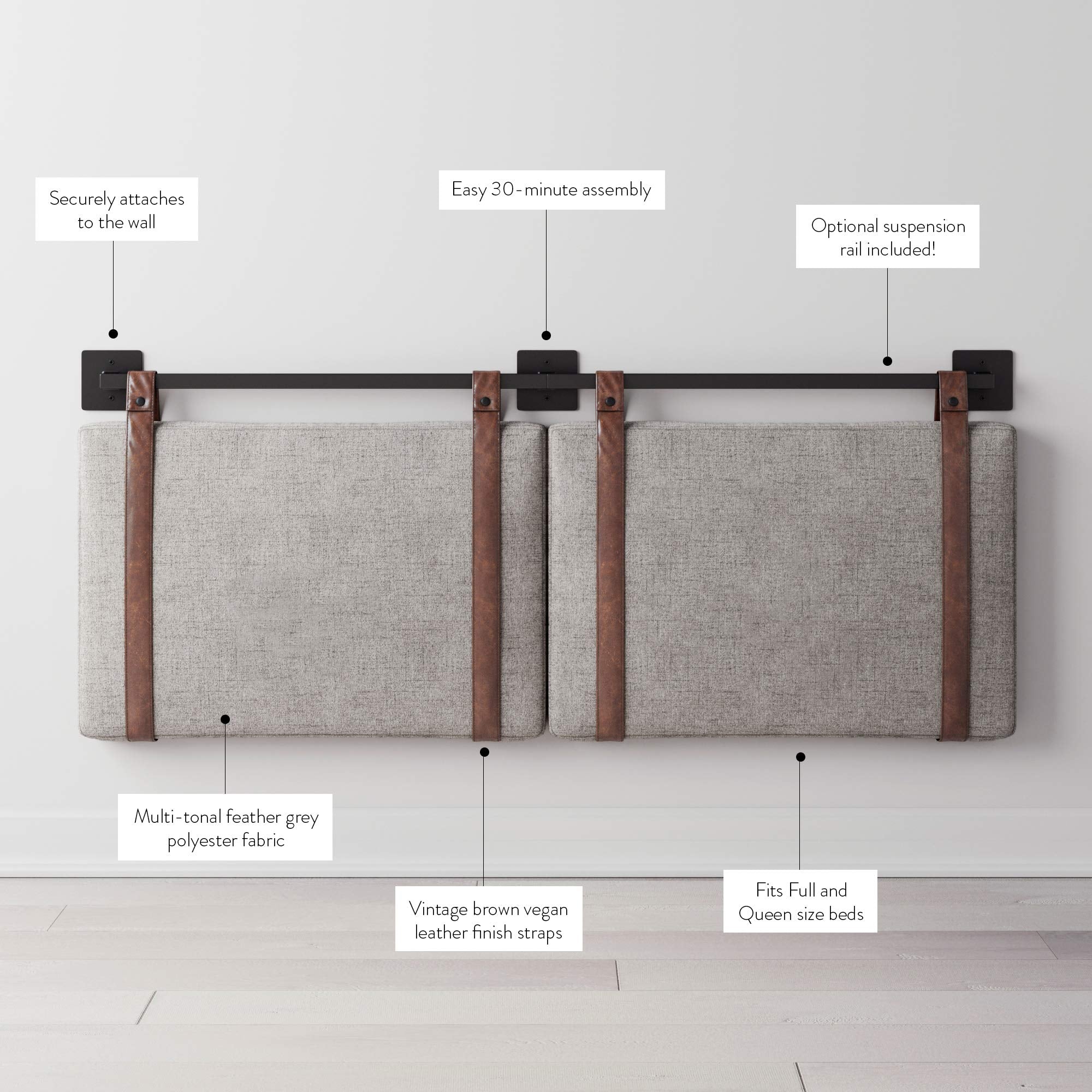 Nathan James Harlow Modern Wall Mount Hanging Headboard, Queen, Brown Faux Leather