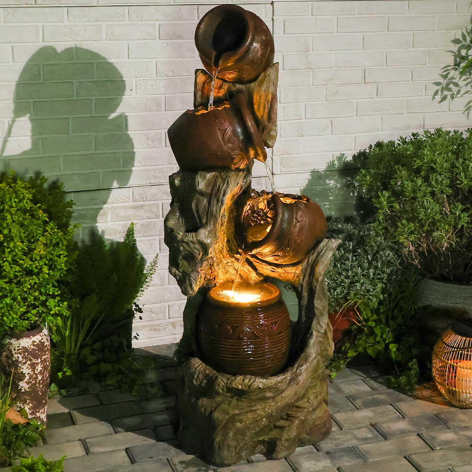 Bumilgar 2-Tier Bowl Water Fountain with LED Lights, 27.95" Tall Freestanding Outdoor & Indoor Garden Waterfall Fountain for Yard, Patio, Backyard, Floor Standing Home Decor
