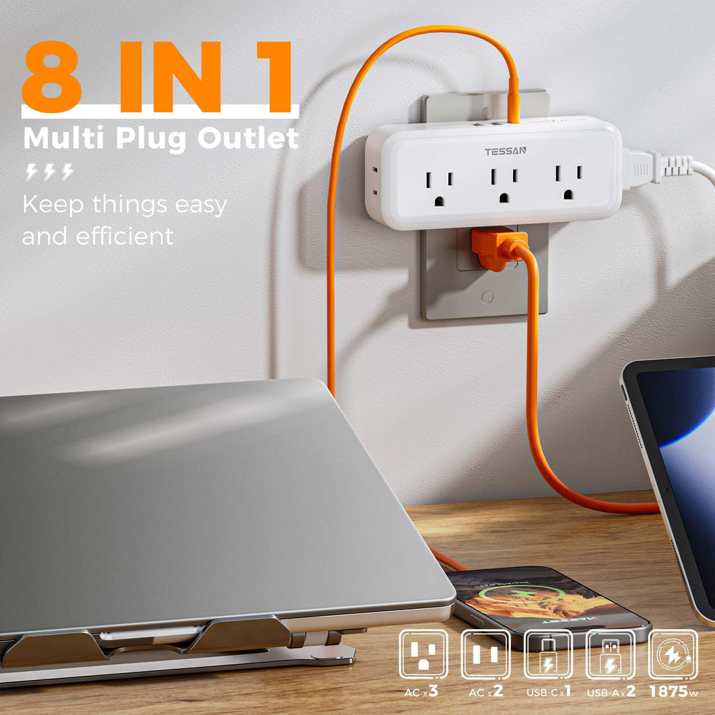 Multi Plug Outlet Extender, TESSAN Surge Protector Wall Plug Splitter with 5 Electrical Outlet Expander, Multiple Plug Adapter for Travel Home Office