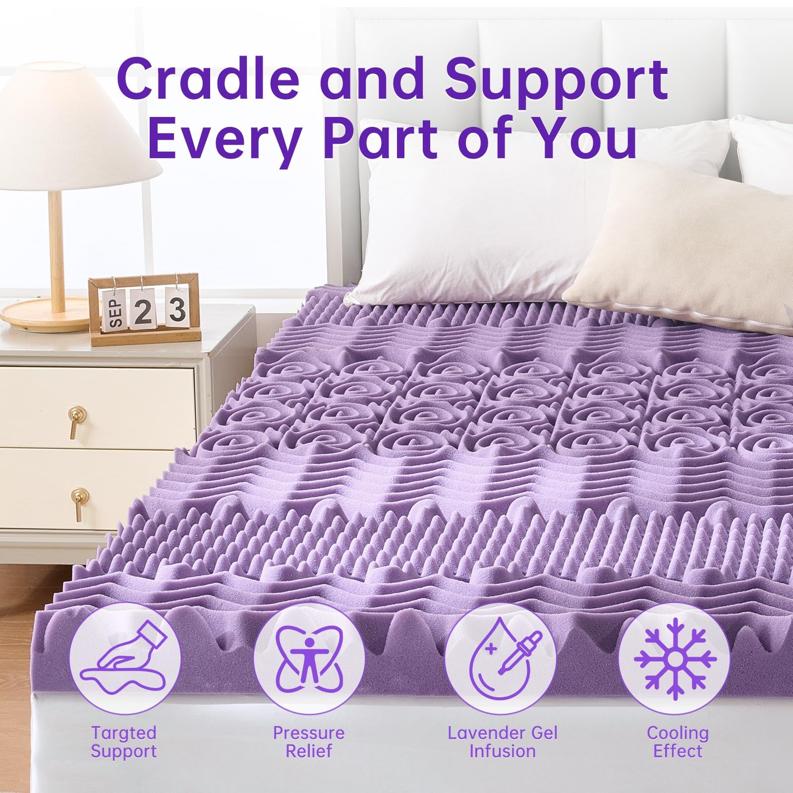MUXHOMO 2 Inch 7-Zone Twin Mattress Topper, Egg Crate Memory Foam Mattress Topper Twin Size for Back Pain, Lavender Cooling Gel Infused Bed Pad, CertiPUR-US and Oeko-TEX Certification (38"×75")