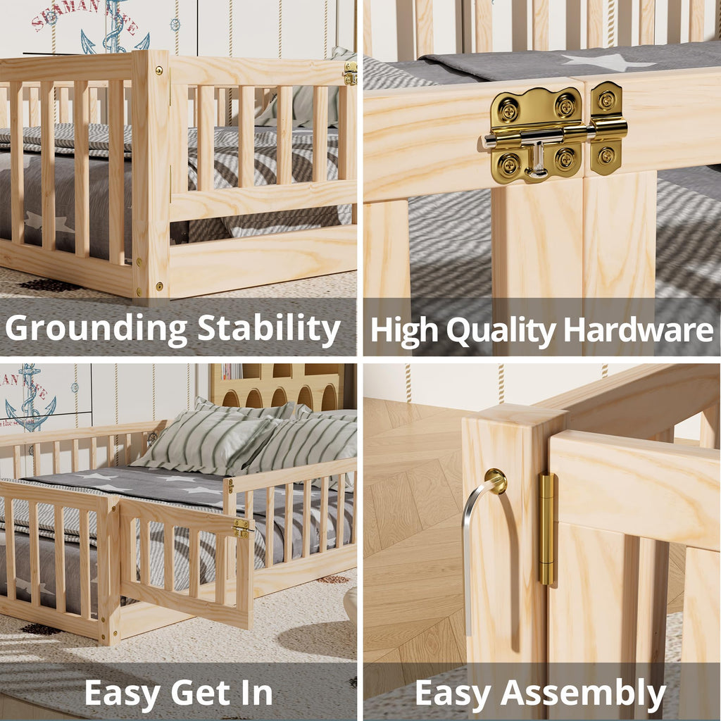 i-POOK Queen Floor Bed for Children, Sturdy Wood Montessori Bed Frame with Wood Slats, High Fence & Small Door for Girls and Boys, Espresso (with Bed Slats)